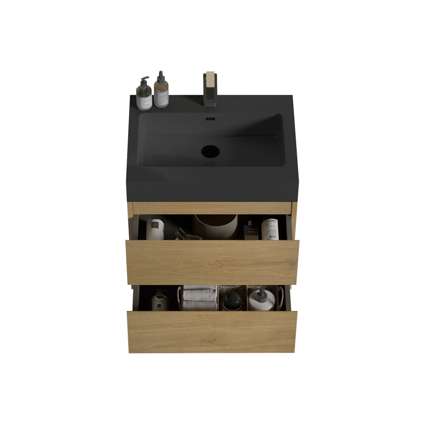 Modern dark gray bathroom vanity with oak drawers featuring an open top drawer with toiletries