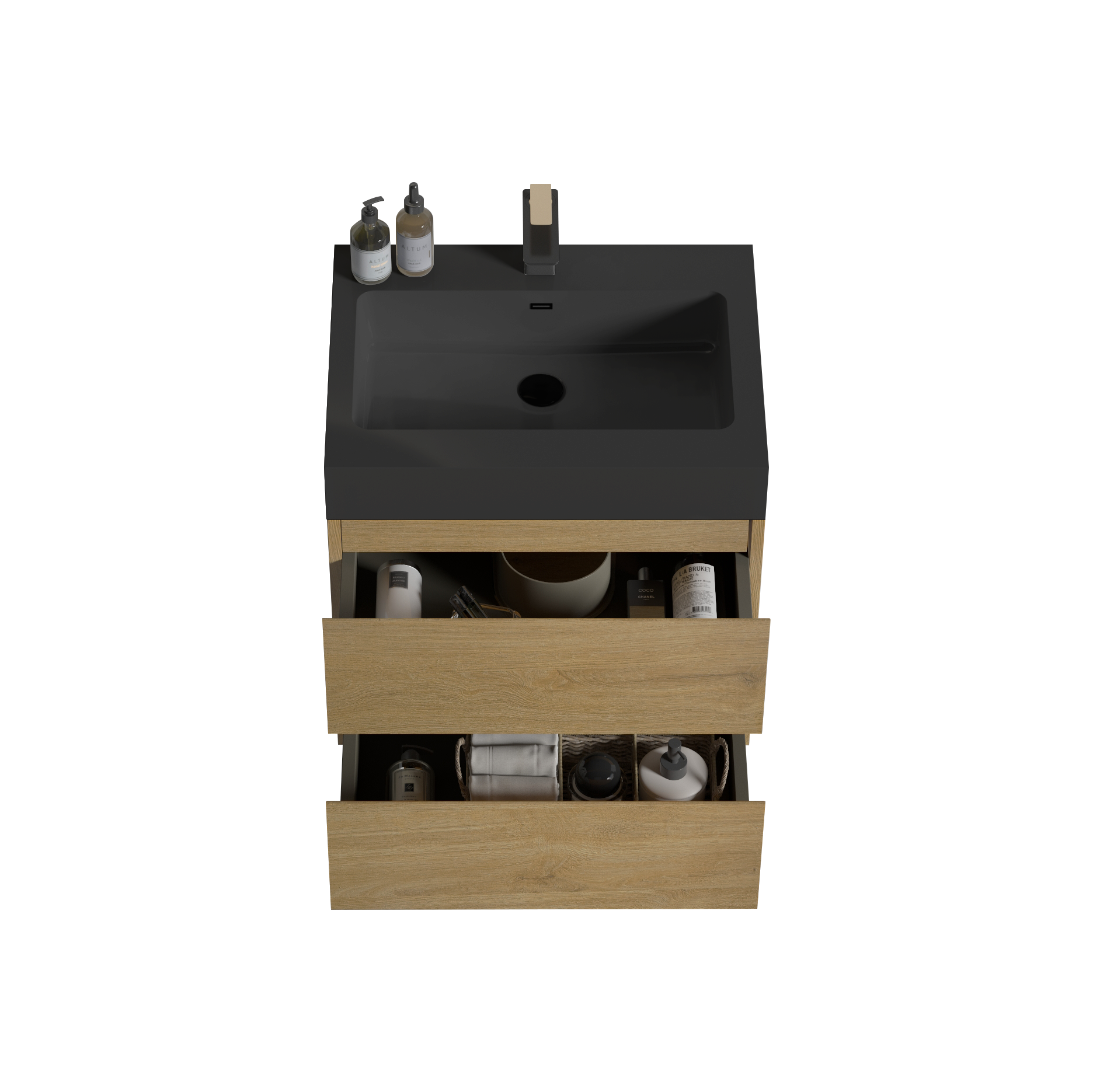 Modern dark gray bathroom vanity with oak drawers featuring an open top drawer with toiletries