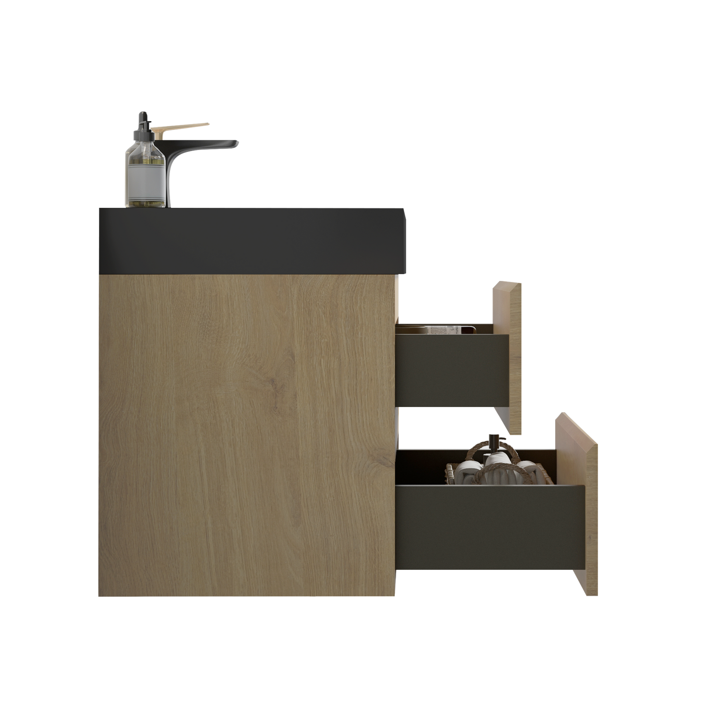Modern bathroom vanity with natural wood finish and black countertop featuring open drawers with towels