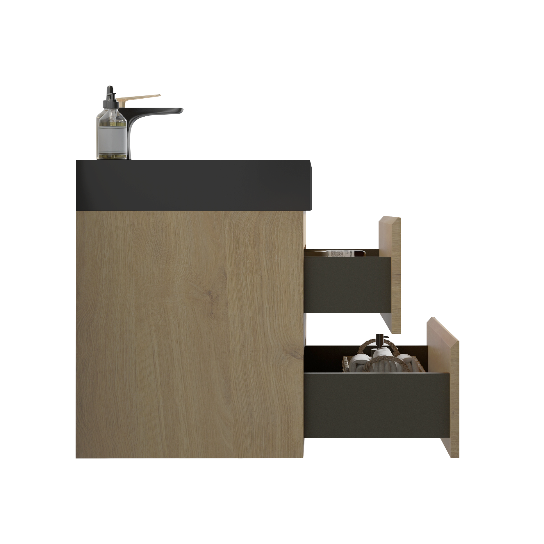 Modern bathroom vanity with natural wood finish and black countertop featuring open drawers with towels