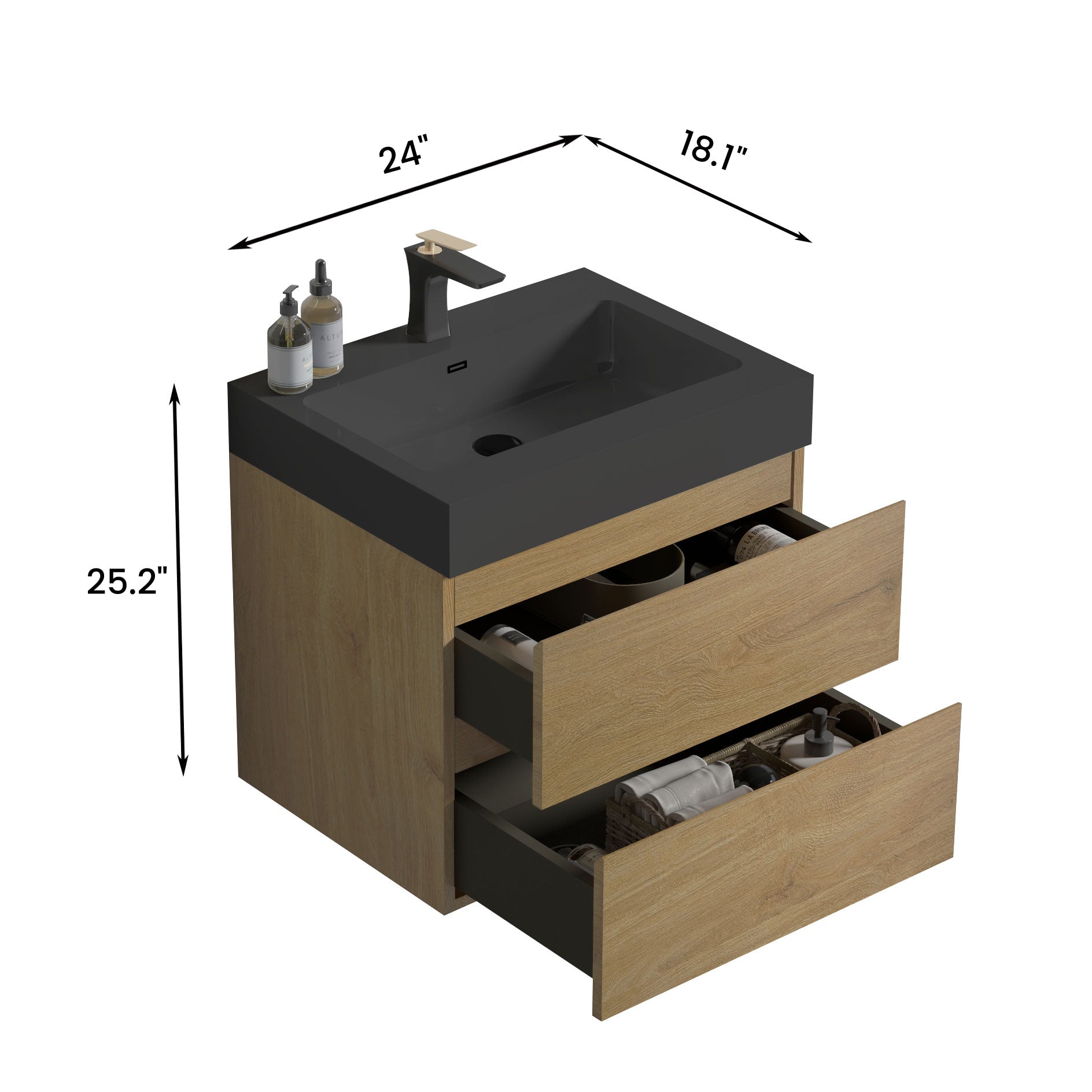 Modern inch wallmounted vanity with two drawers and a dark gray sink