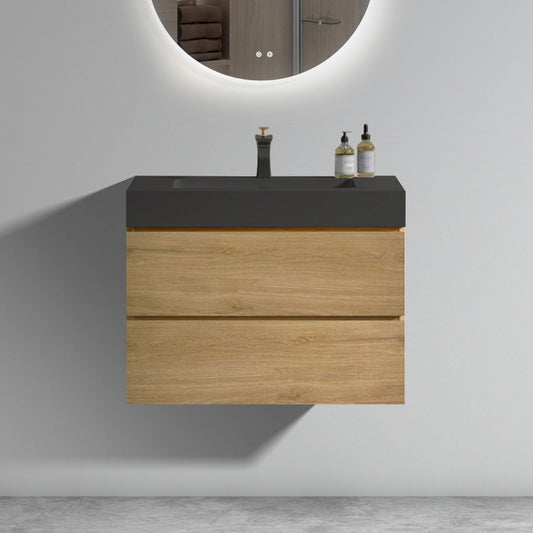 Modern wallmounted bathroom vanity with dark grey top and oak drawers