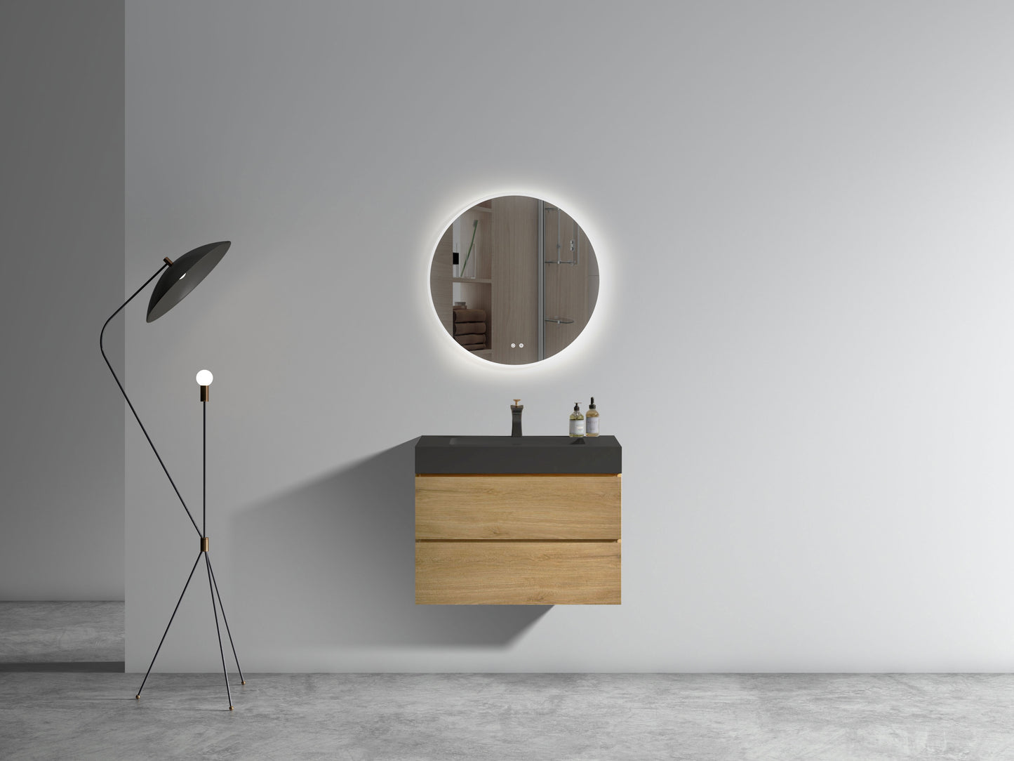 Modern floating vanity with oak drawers black top and integrated sink