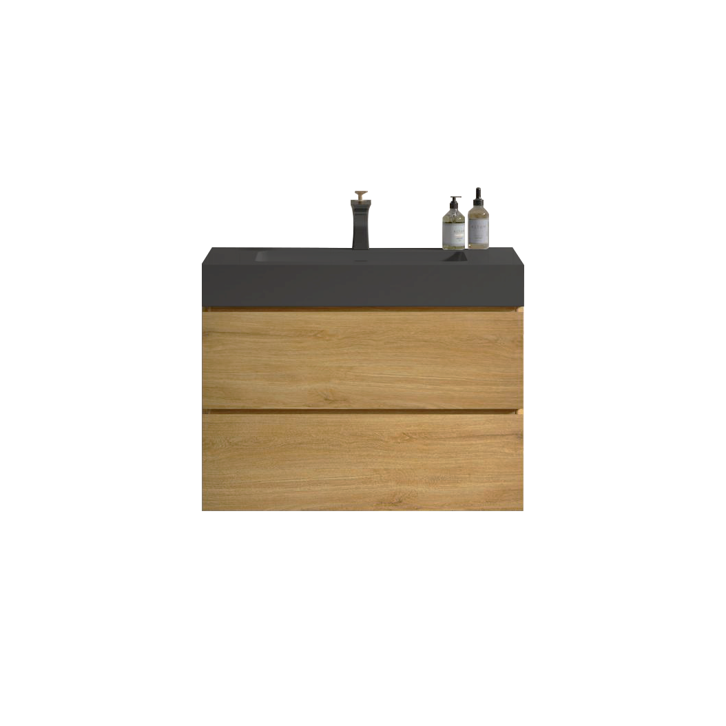 Modern oak vanity with black countertop and minimalist faucet