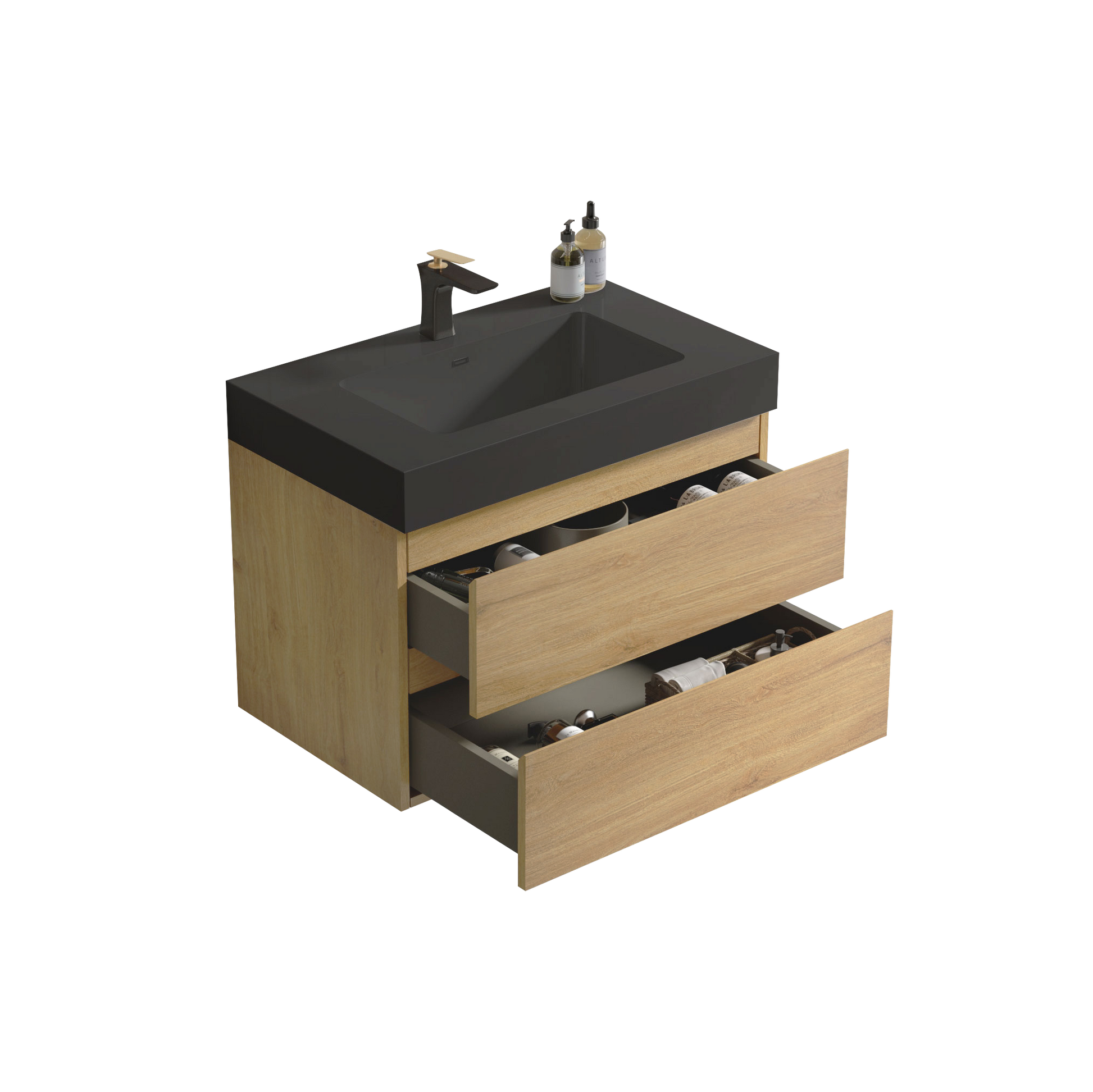 Modern oak veneer vanity with black basin and gold faucet featuring two open drawers with toiletries