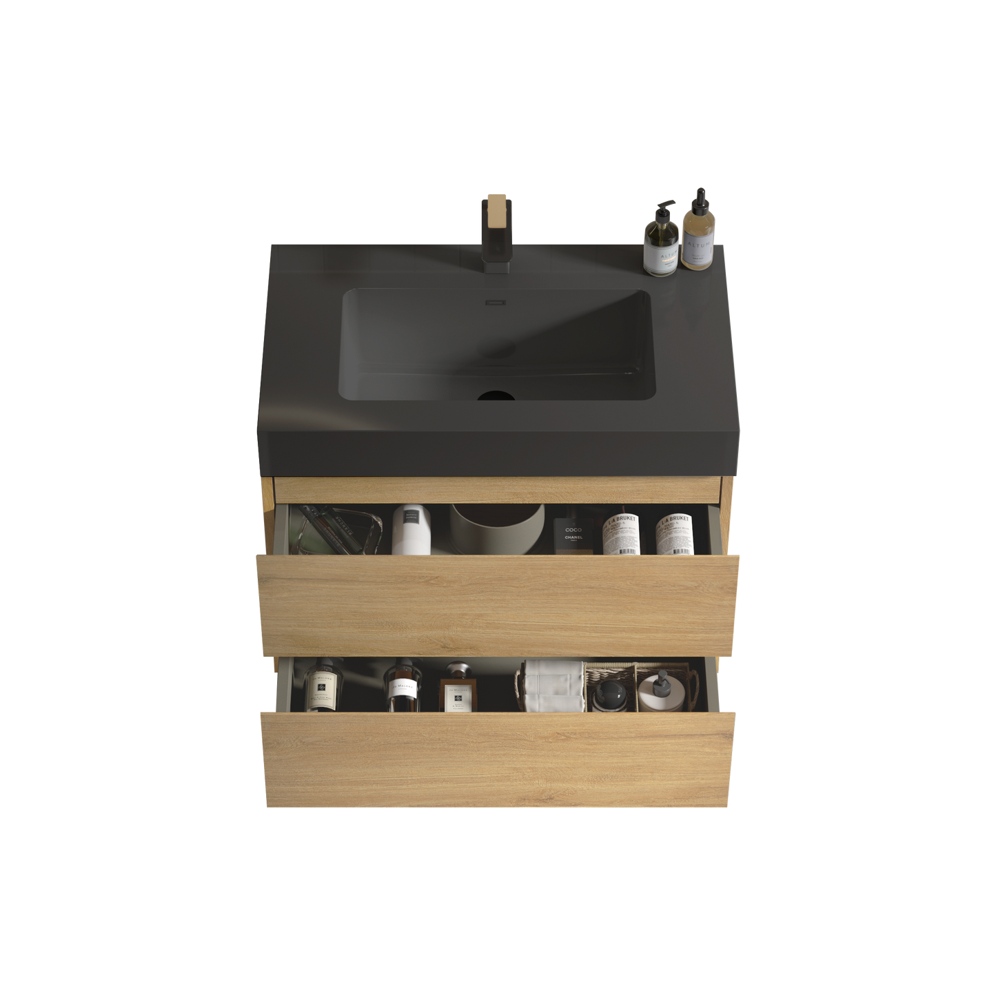 Modern bathroom vanity with a matte black sink and oak drawers holding toiletries