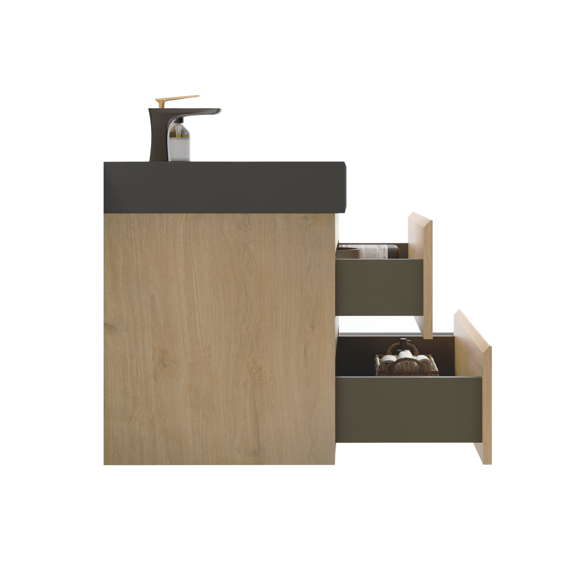 Modern wooden vanity with dark gray countertop and open drawers showing storage