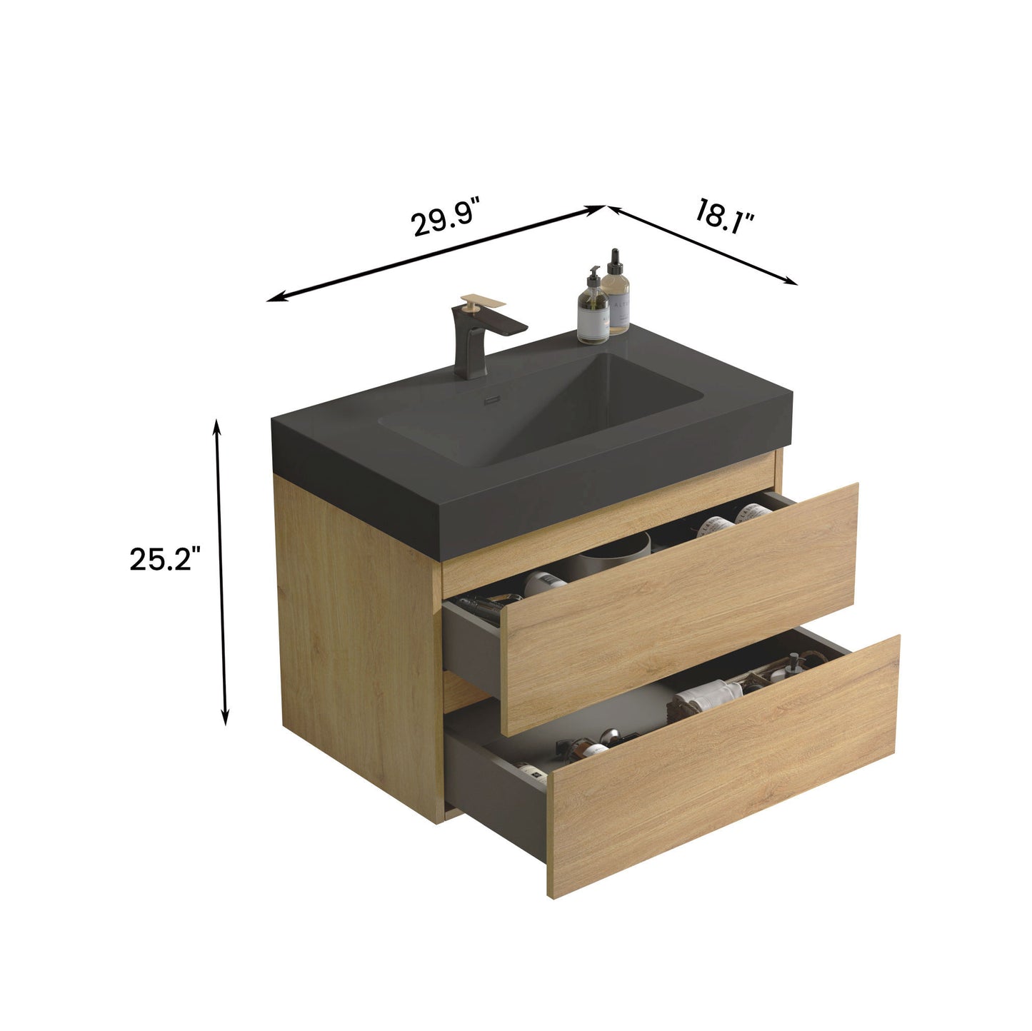 Modern wood and dark grey vanity with brushed gold faucet and two drawers This vanity is  wide and  deep