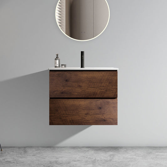 Dark wood floating vanity with two drawers modern bathroom furniture