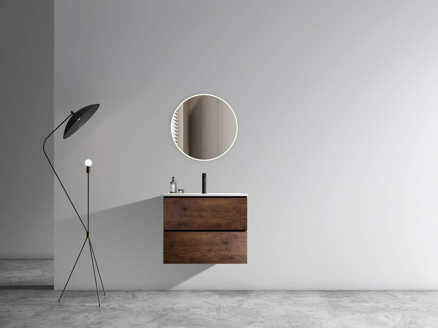 Modern wallmounted bathroom vanity with dark wood finish and white countertop