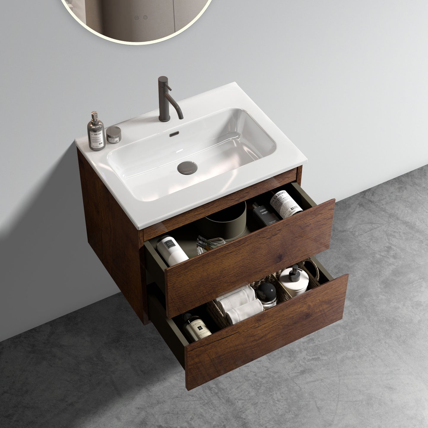 Modern wallmounted vanity with dark wood finish and white ceramic basin