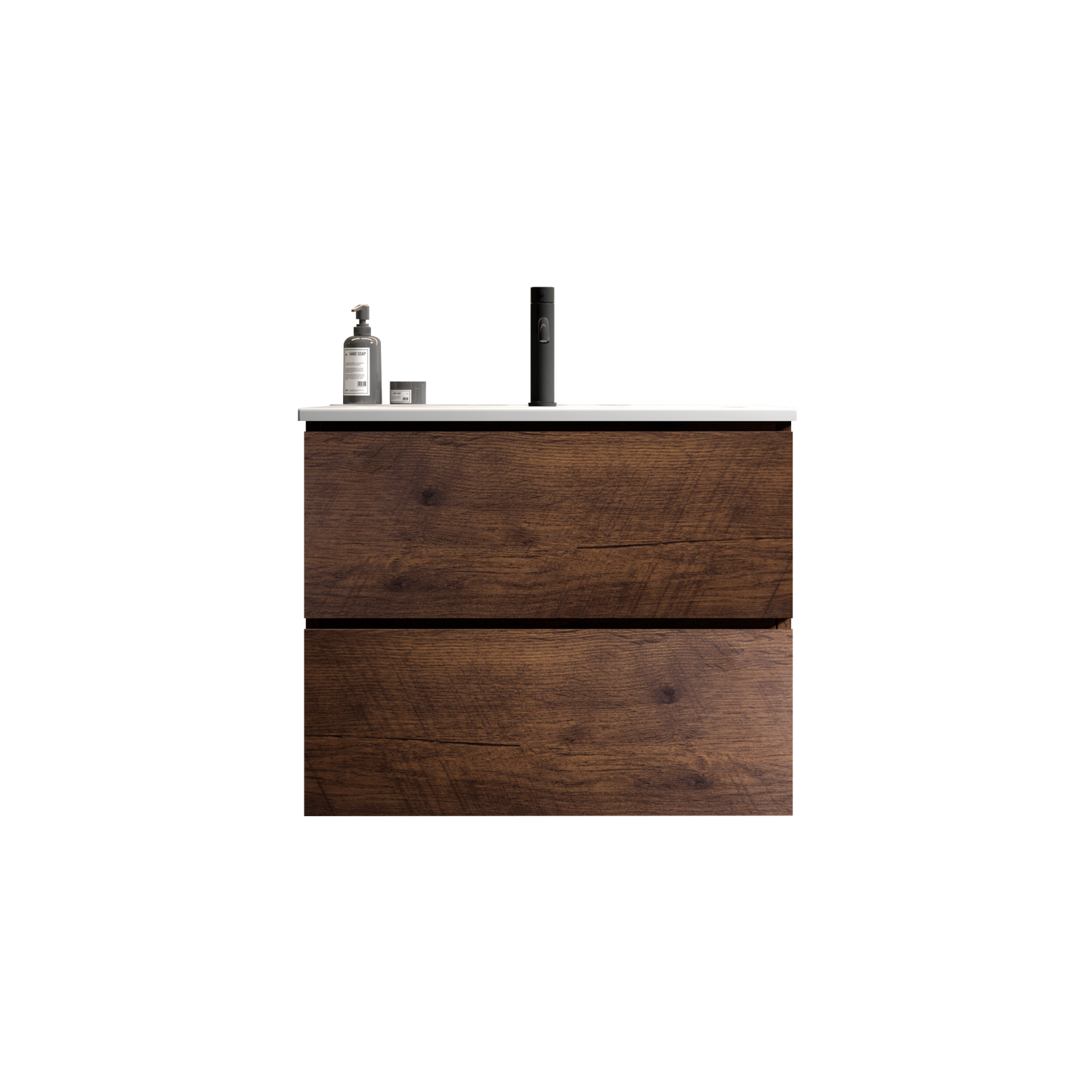 Modern dark wood double drawer vanity with integrated faucet and soap dispenser