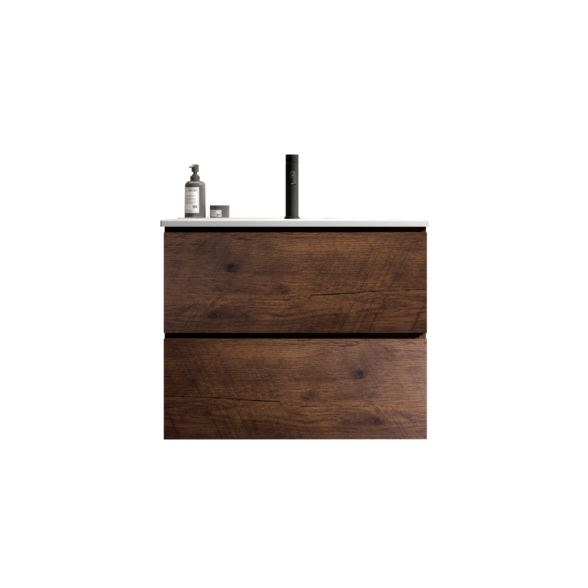 Modern dark wood double drawer vanity with integrated faucet and soap dispenser