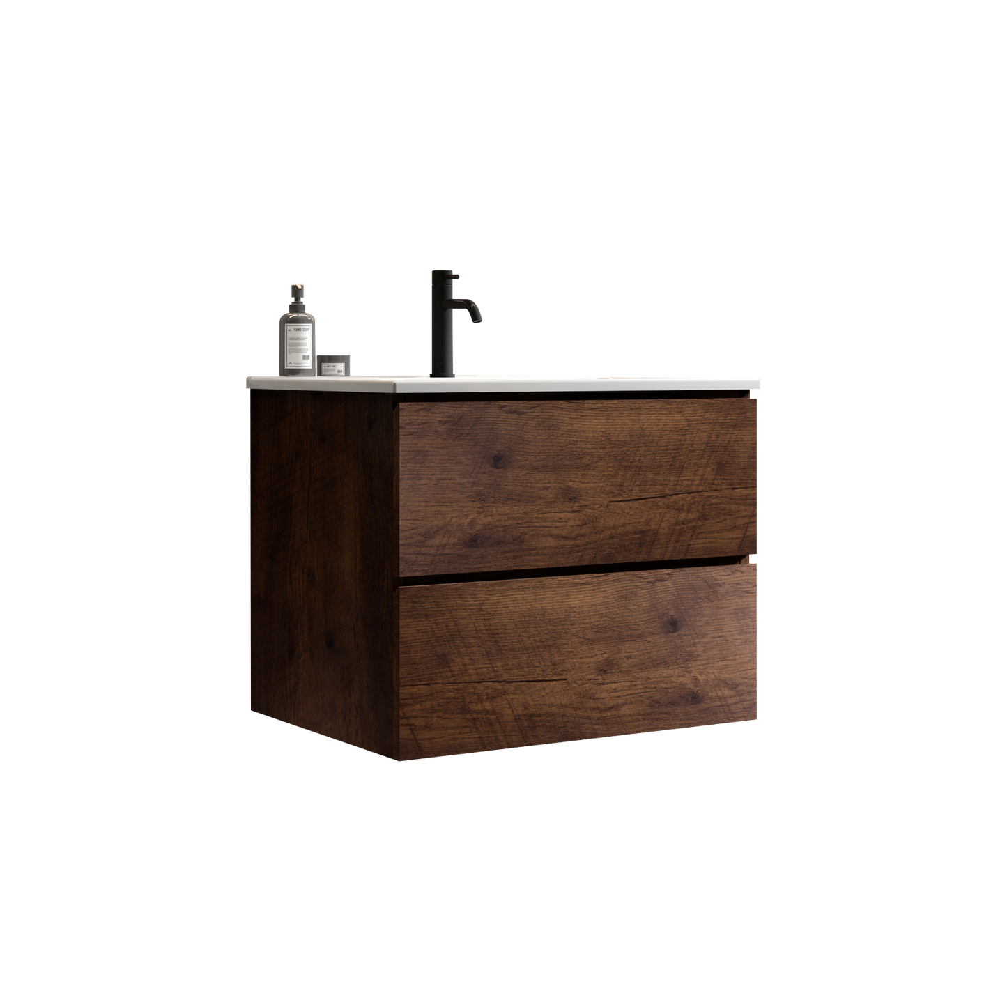 Dark wood twodrawer vanity with a white countertop and matte black faucet