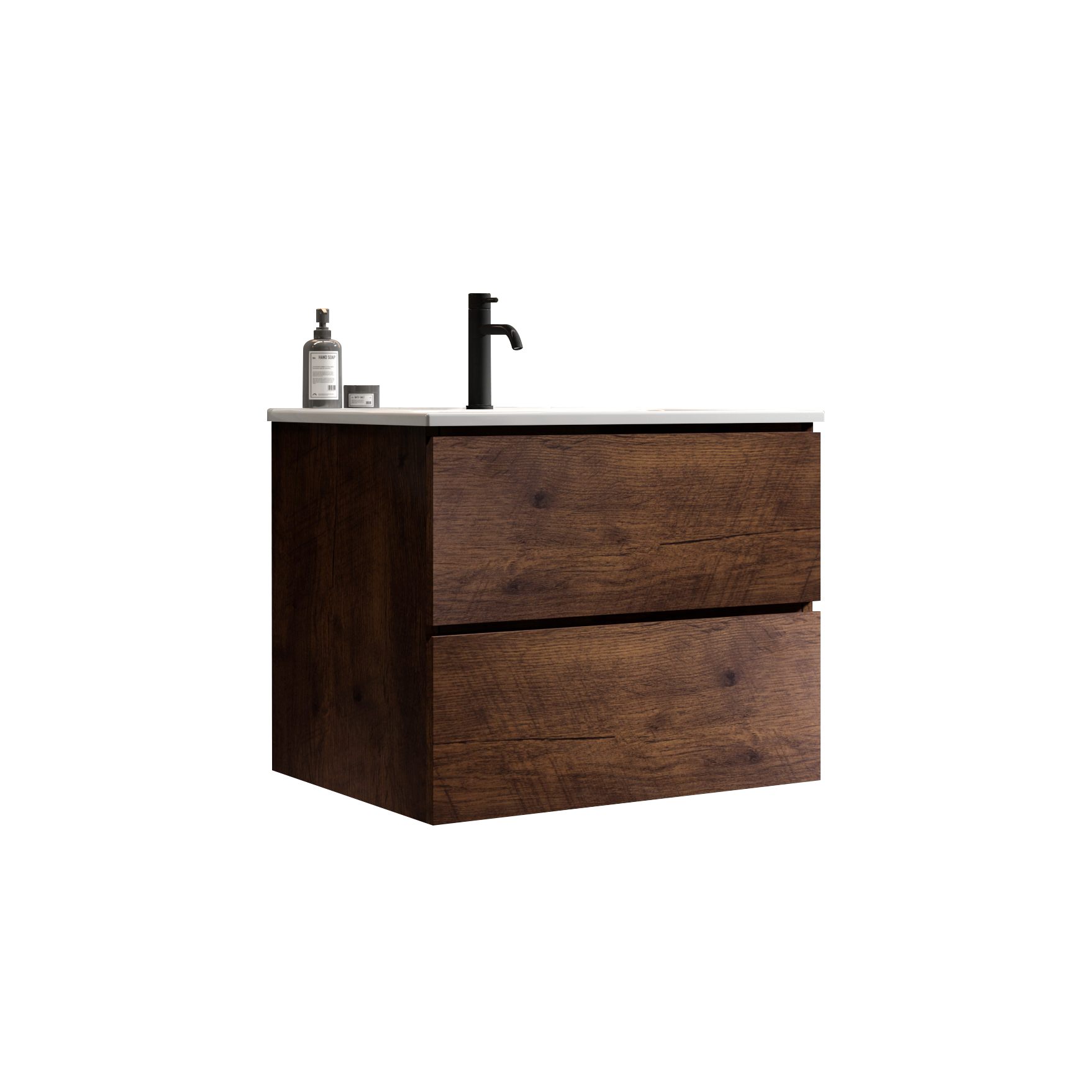 Dark wood twodrawer vanity with a white countertop and matte black faucet