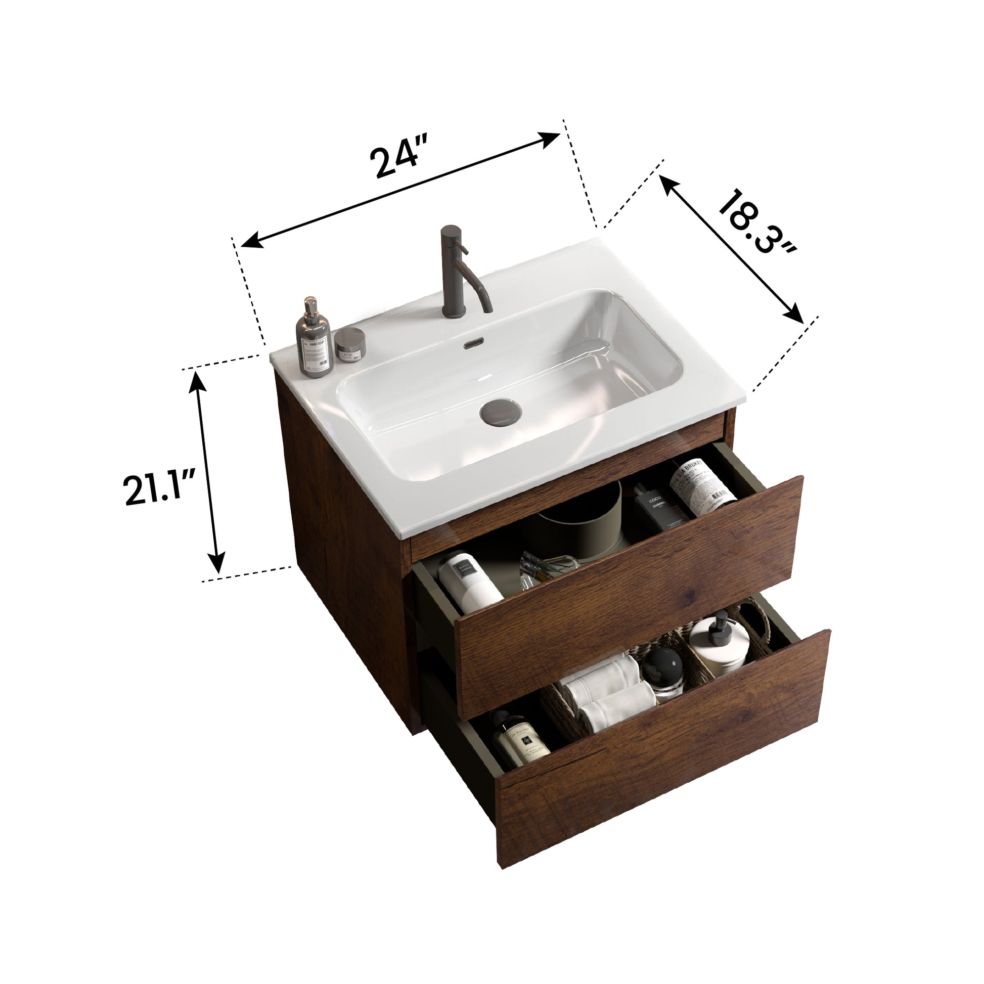 inch modern bathroom vanity with dark wood finish and two drawers