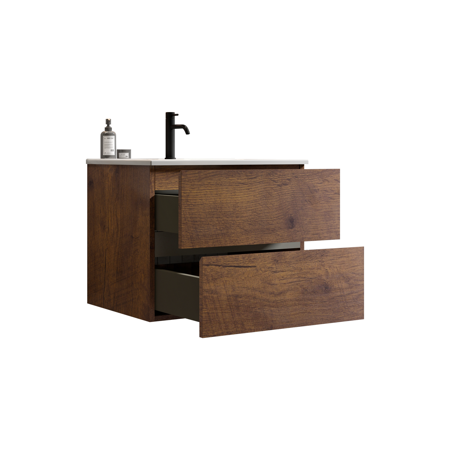 Dark wood modern bathroom vanity with double drawers and black faucet