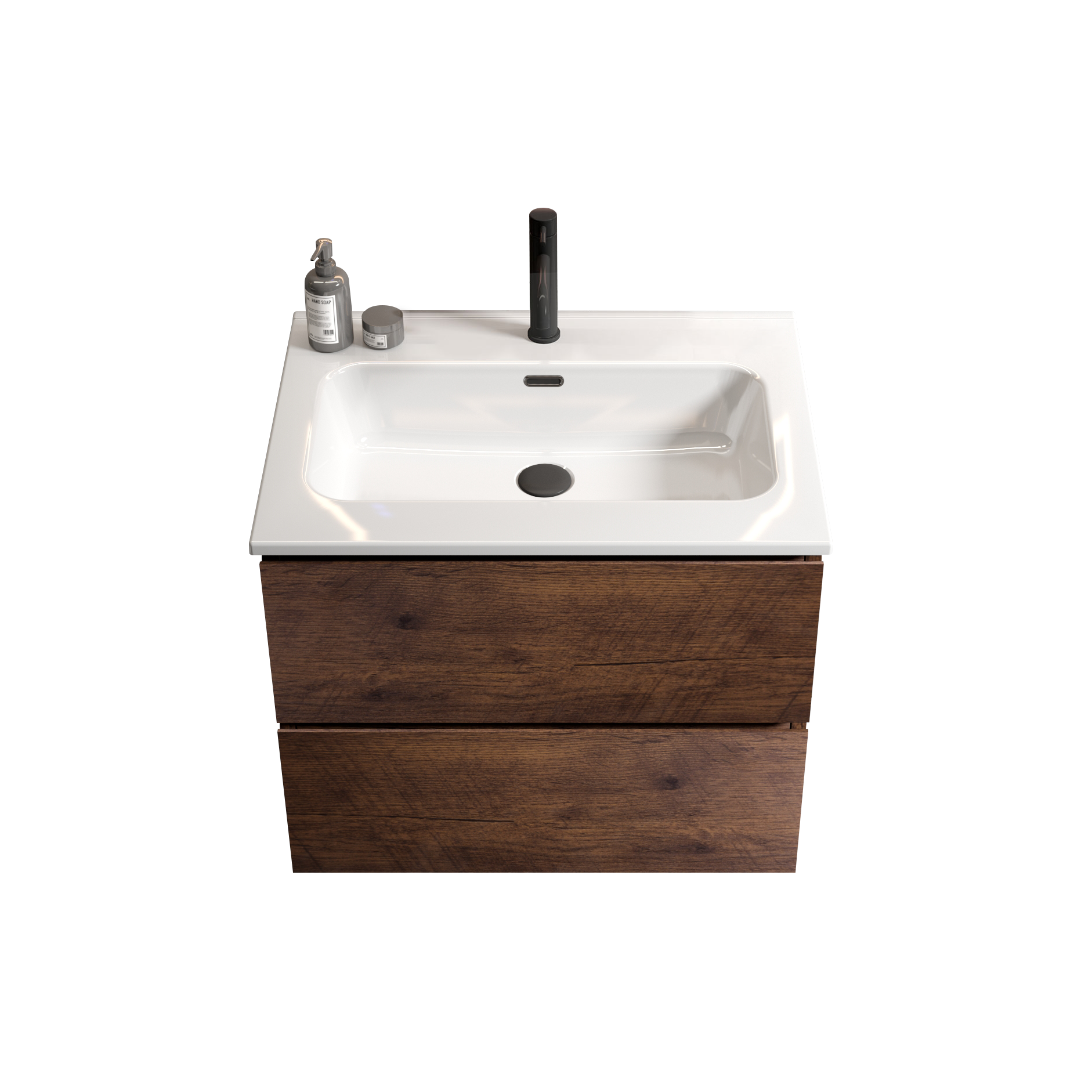 Modern white ceramic sink with a dark wood vanity and black faucet