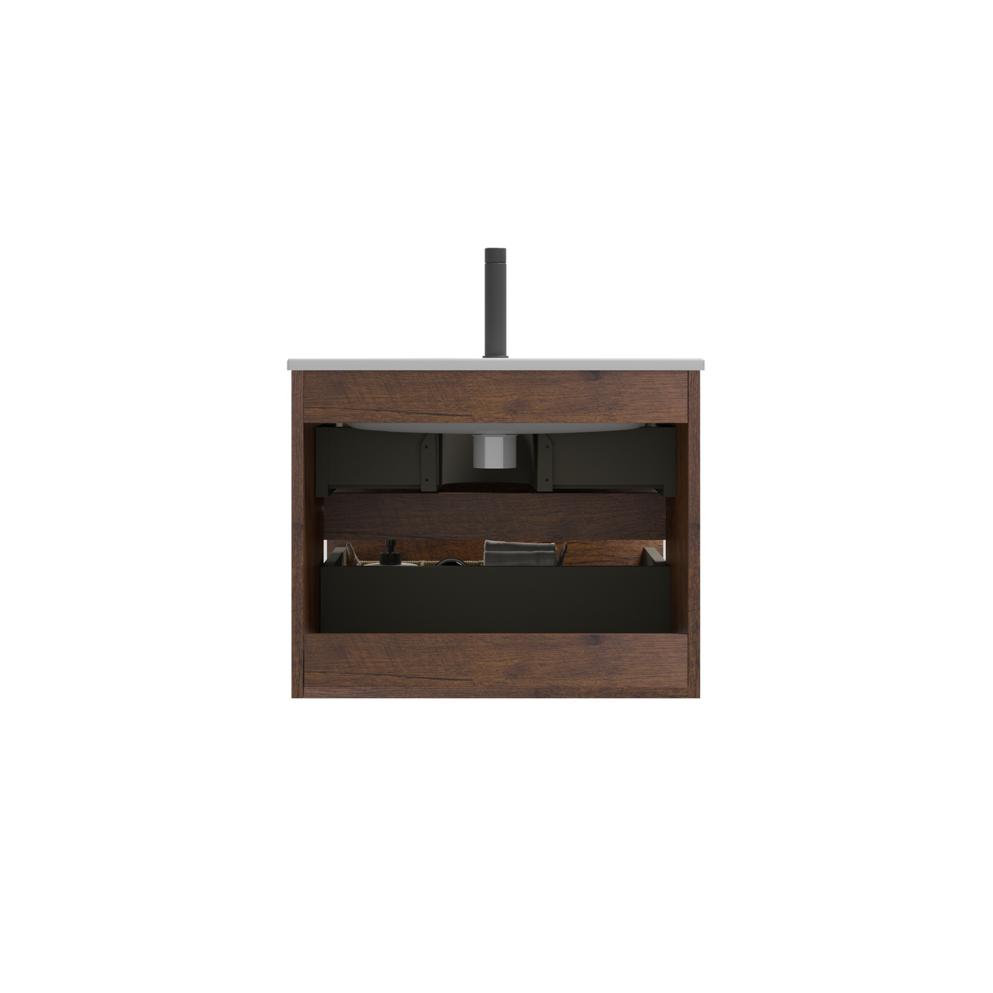 Dark walnut modern vanity with integrated sink and matte black faucet