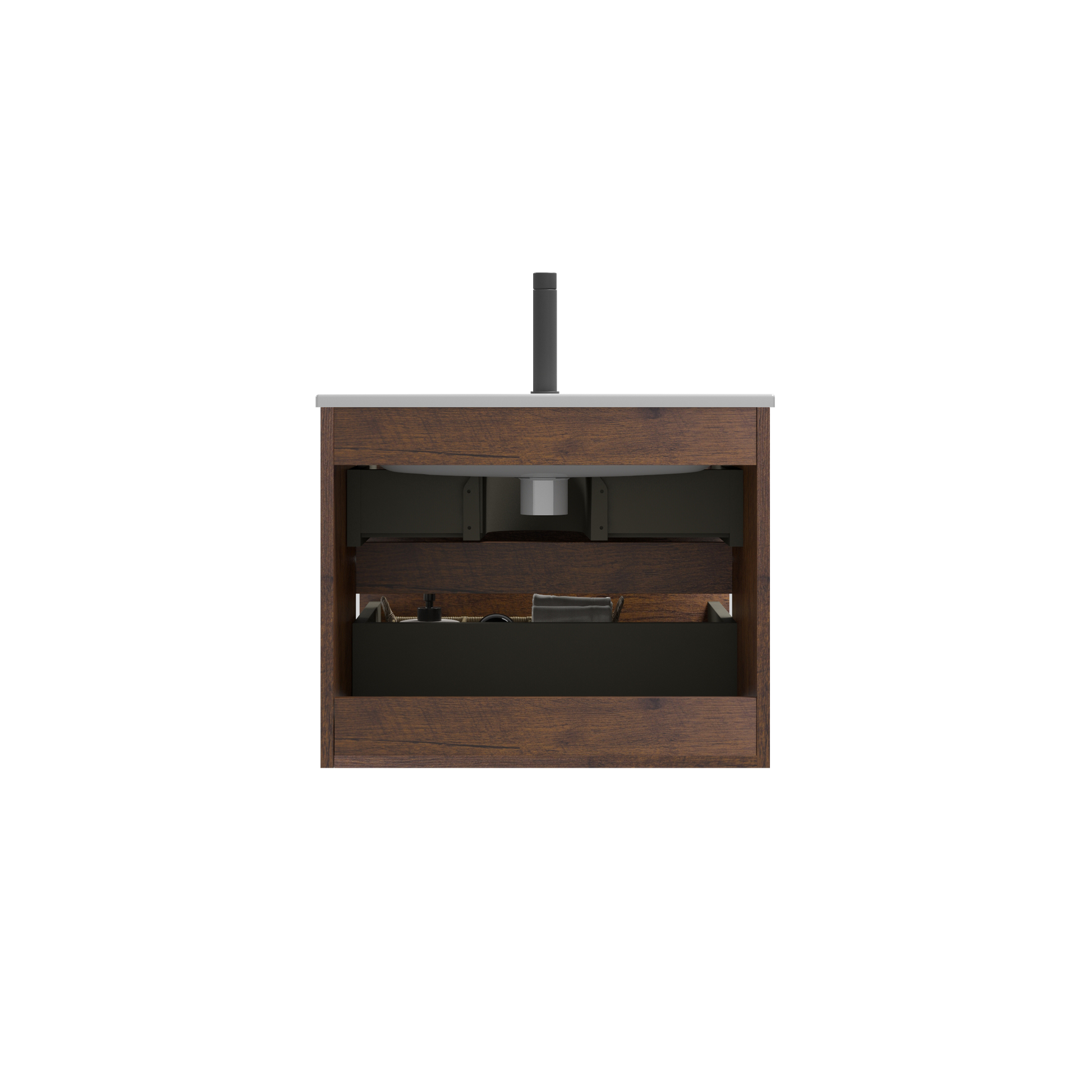 Dark walnut modern vanity with integrated sink and matte black faucet