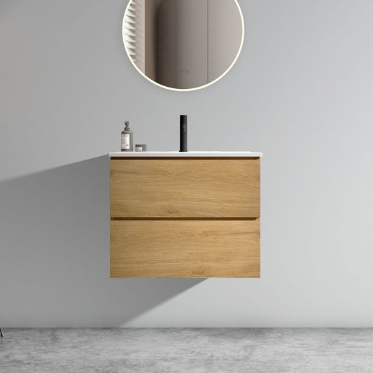 Floating bathroom vanity with two light oak wood drawers white countertop black faucet and LED mirror