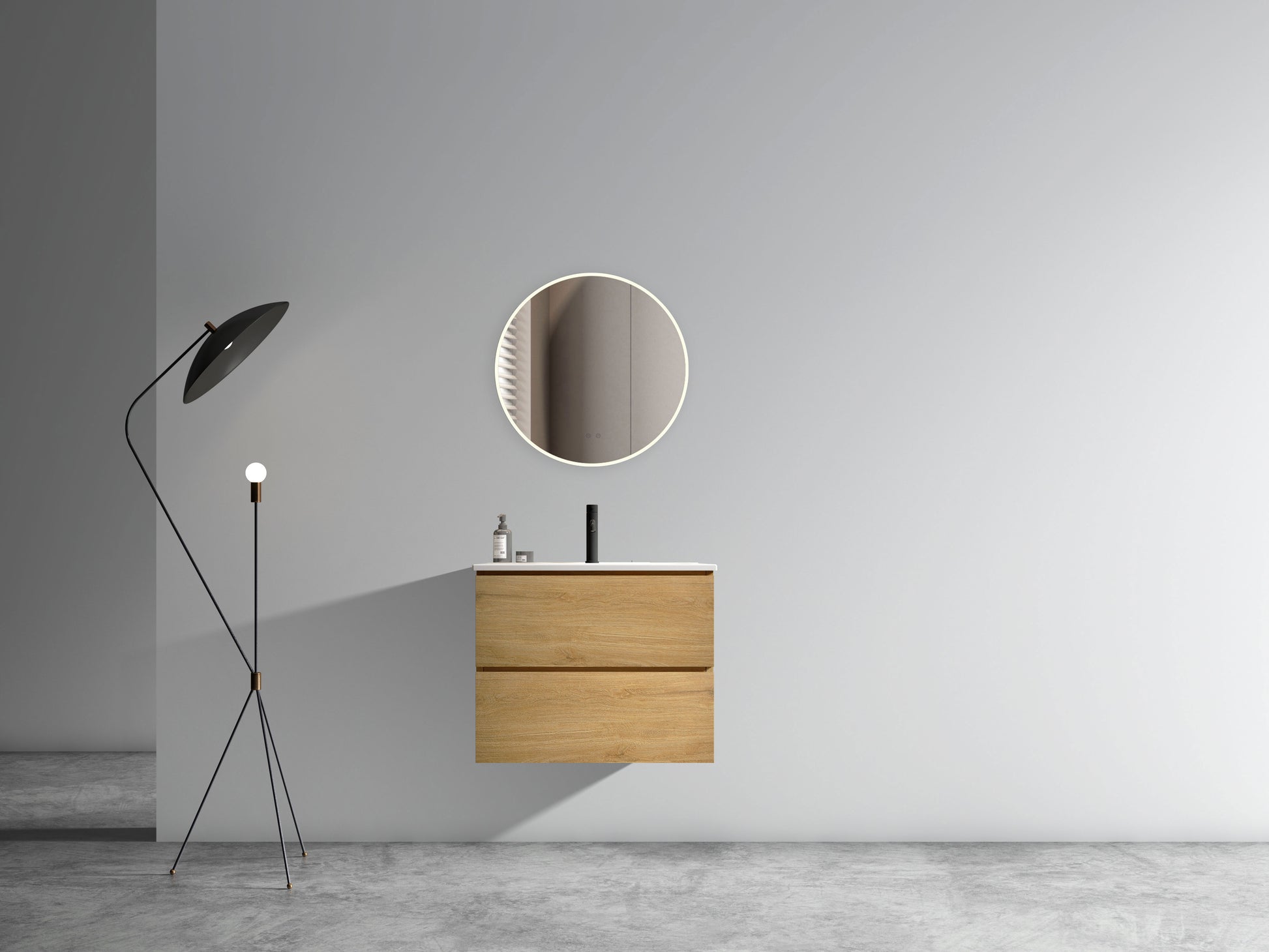 Modern oak vanity with double drawers and integrated sink perfect for a minimalist bathroom