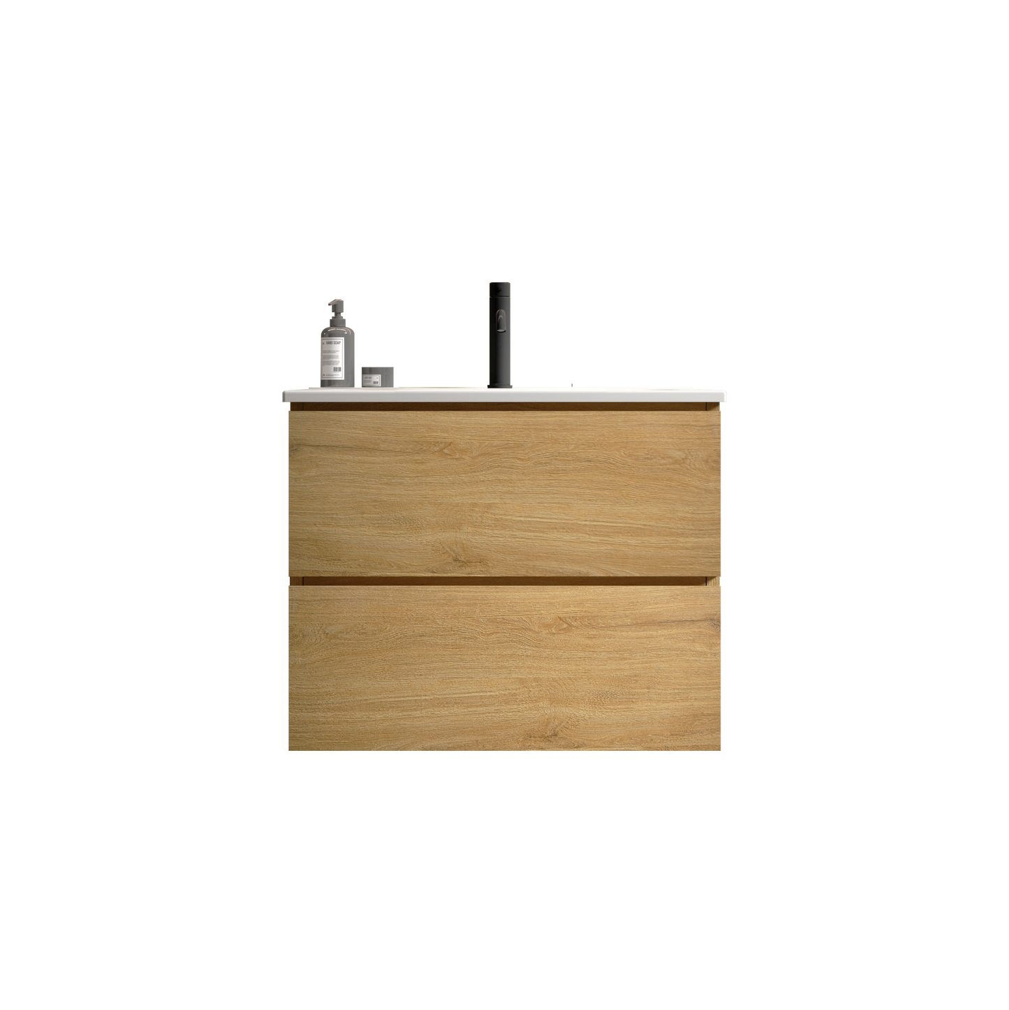 Light oak modern vanity with two drawers and a matte black faucet