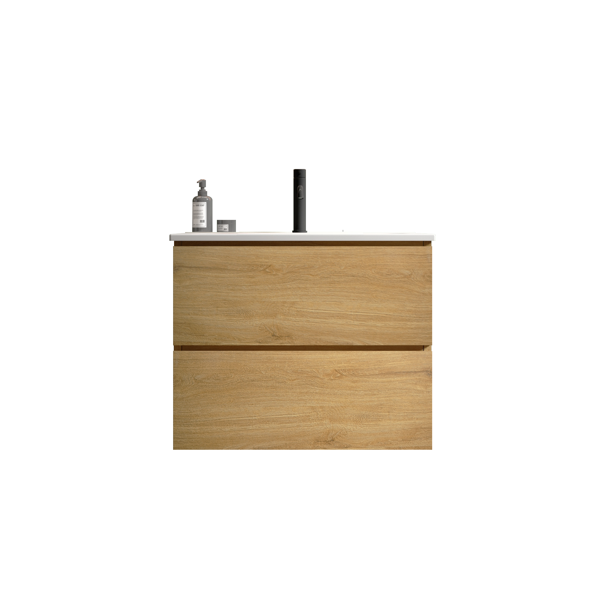 Light oak modern vanity with two drawers and a matte black faucet