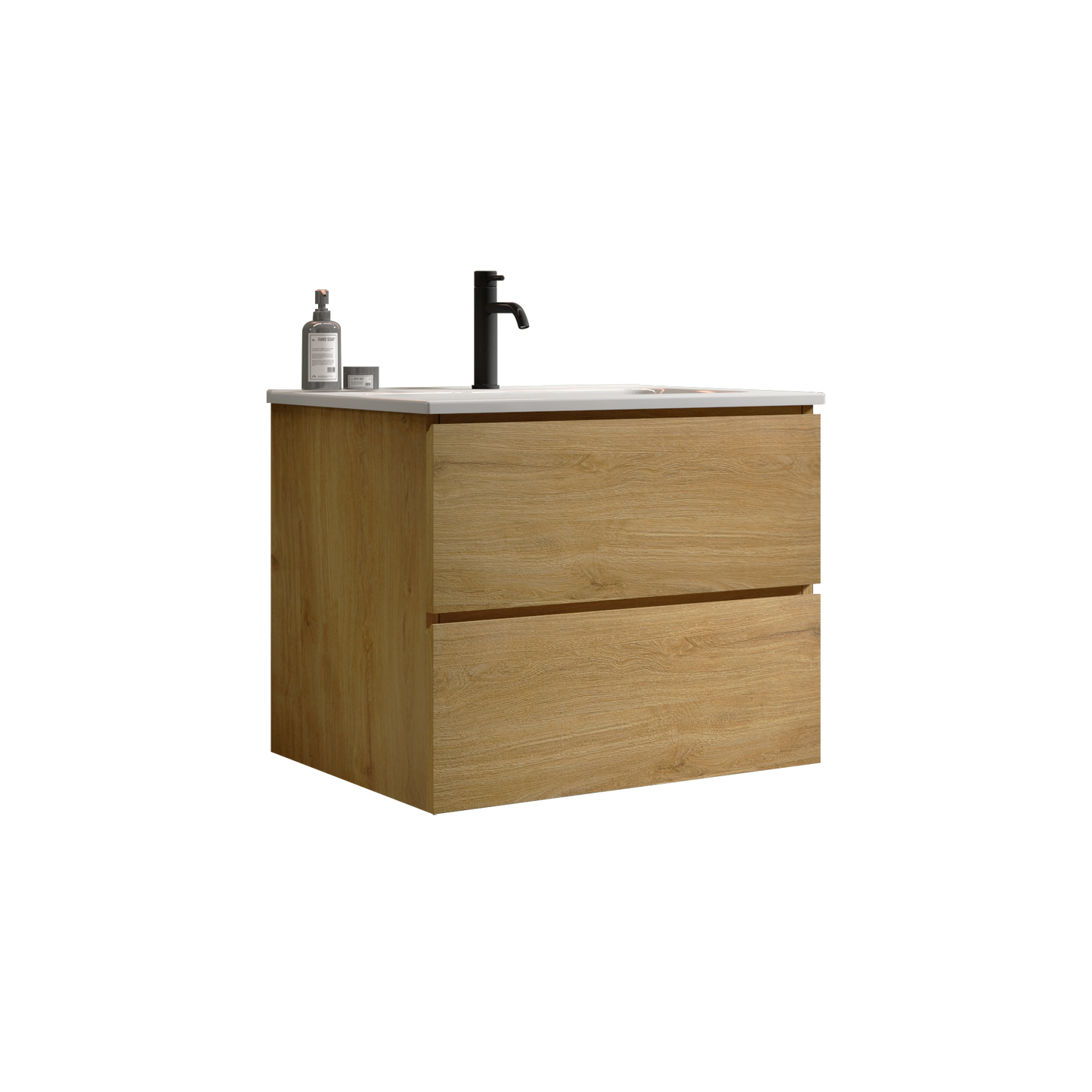 Modern oak effect bathroom vanity with a sleek matte black faucet and white countertop