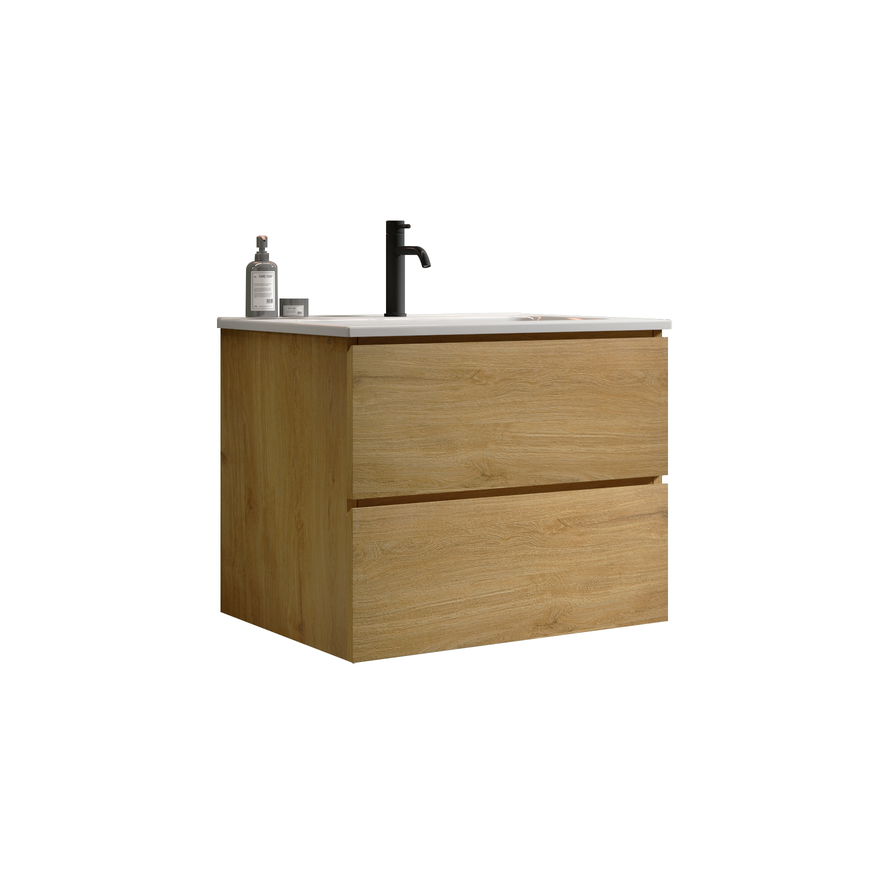 Modern oak effect bathroom vanity with a sleek matte black faucet and white countertop