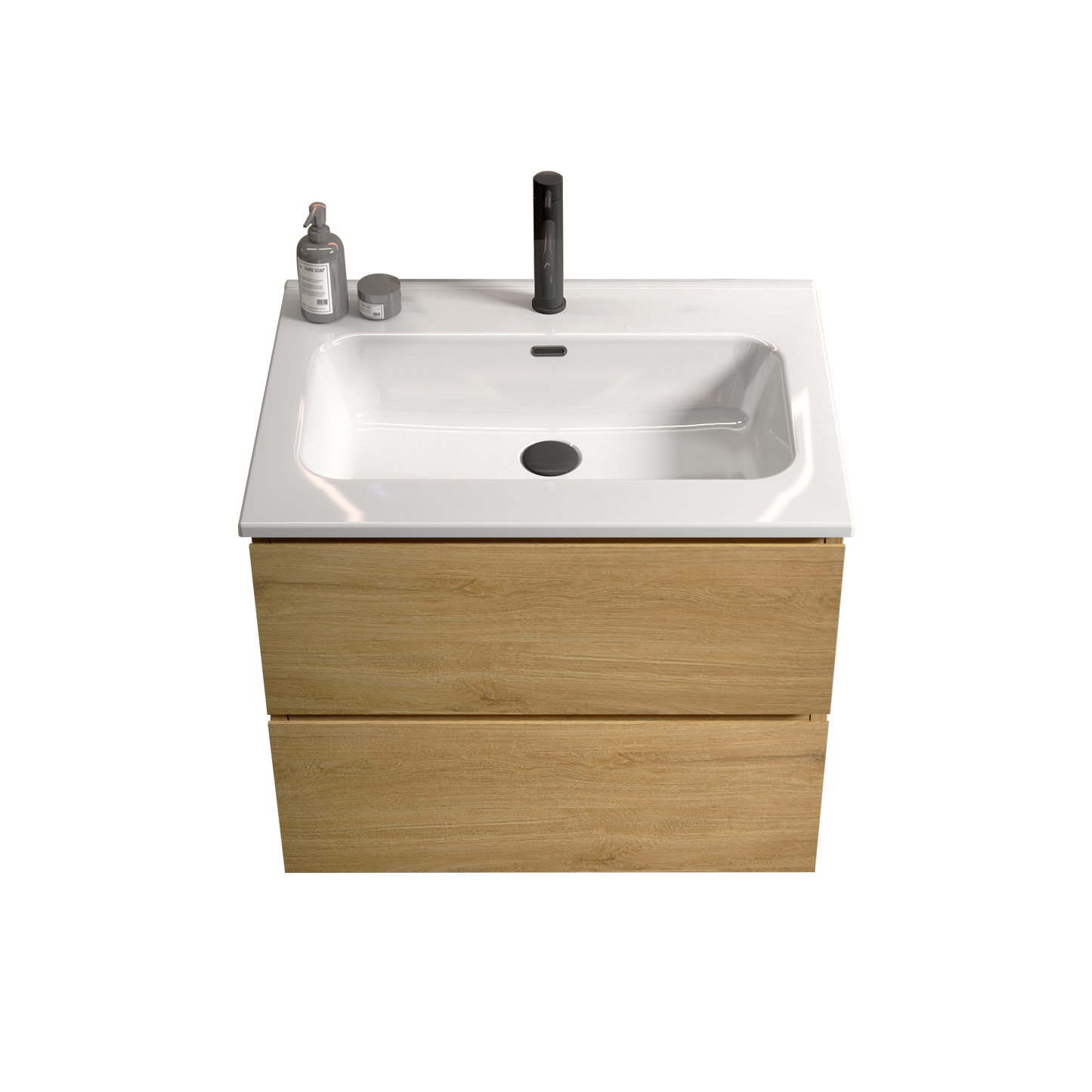 White ceramic basin with modern black faucet and oak vanity drawers
