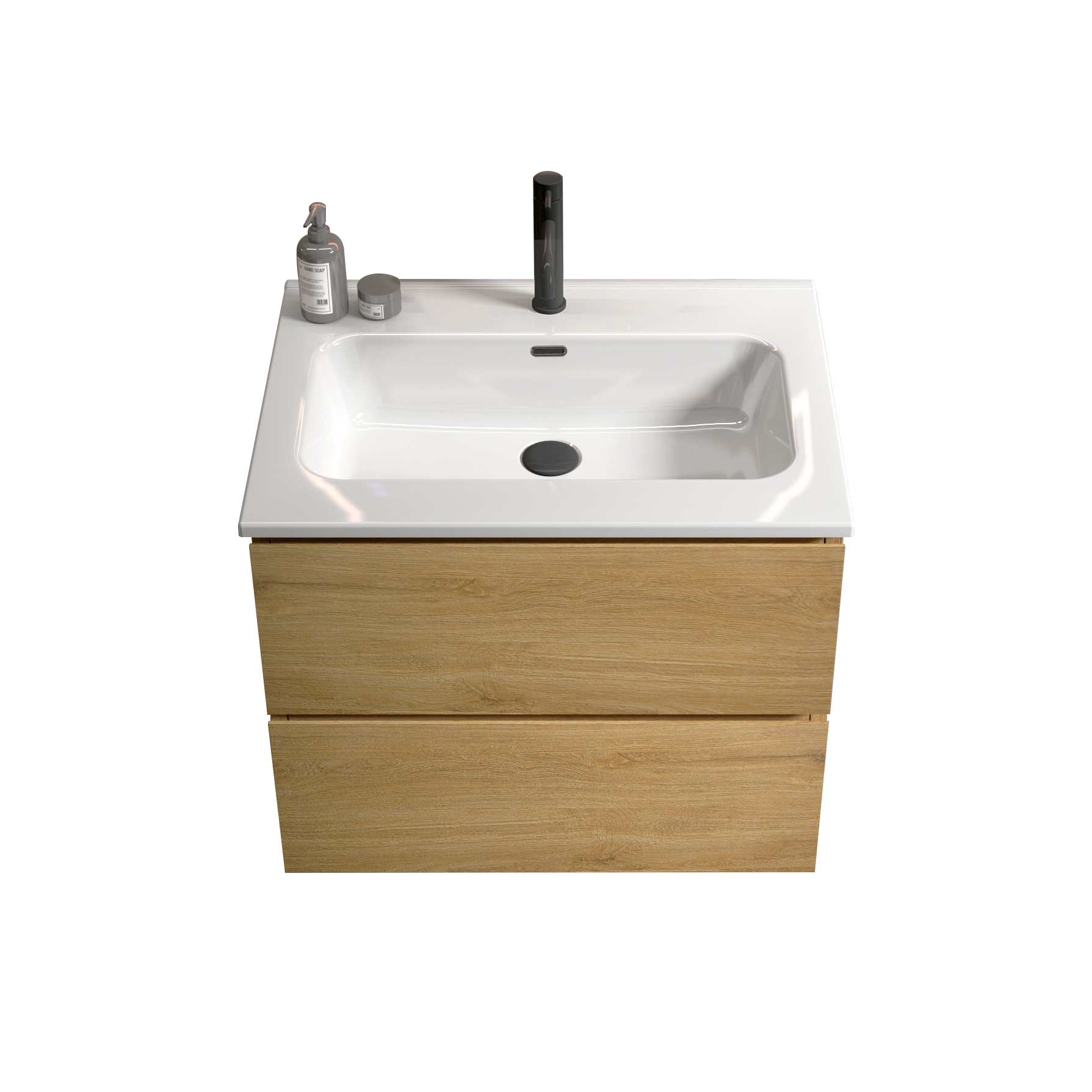 White ceramic basin with modern black faucet and oak vanity drawers