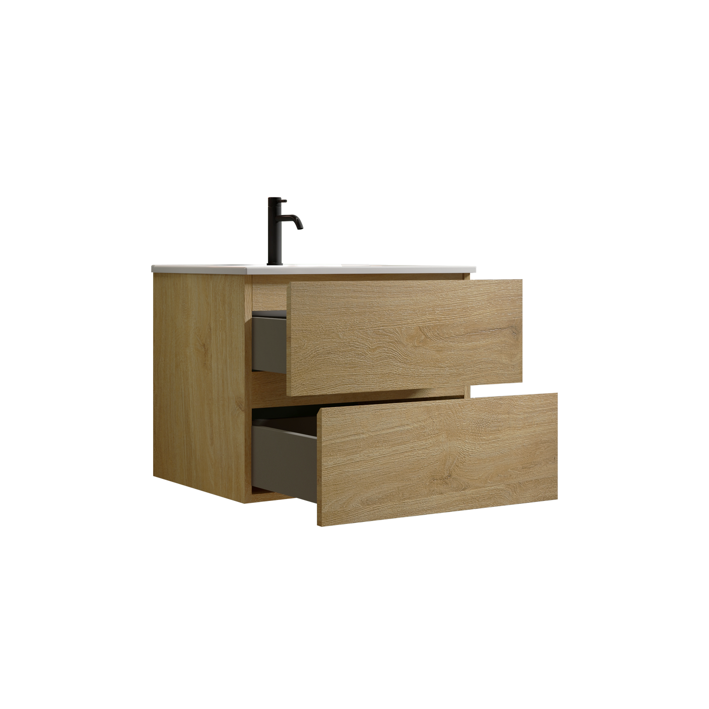 Modern oak effect bathroom vanity with two drawers and black faucet
