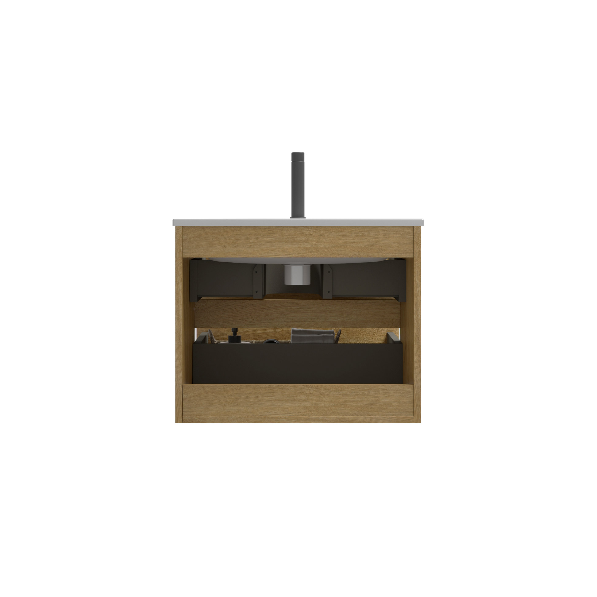 Modern oak bathroom vanity with open shelving and black drawer insert
