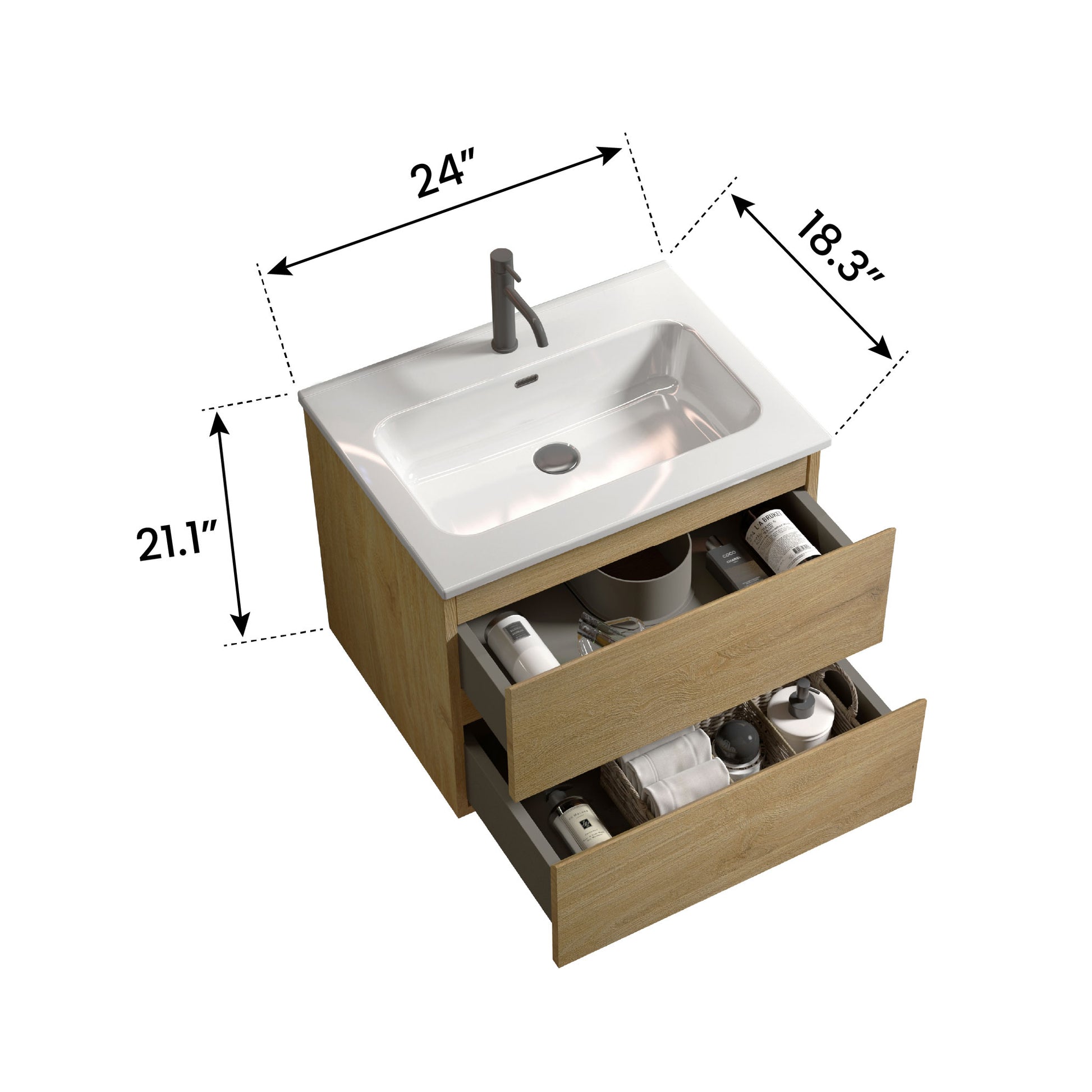 inch oakfinish bathroom vanity with white ceramic sink and two drawers