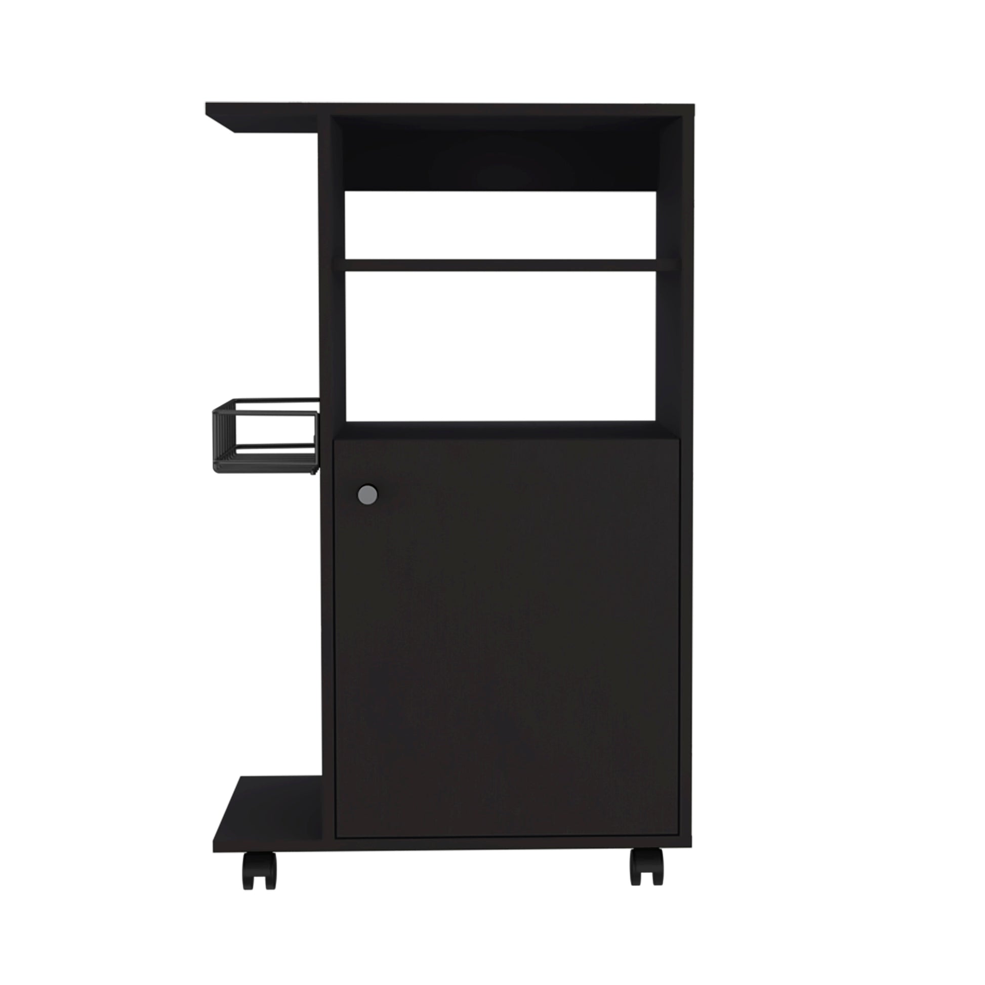 Black modern mobile bar cart with shelves and cabinet