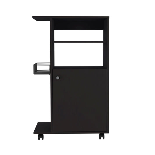 Black modern mobile bar cart with shelves and cabinet