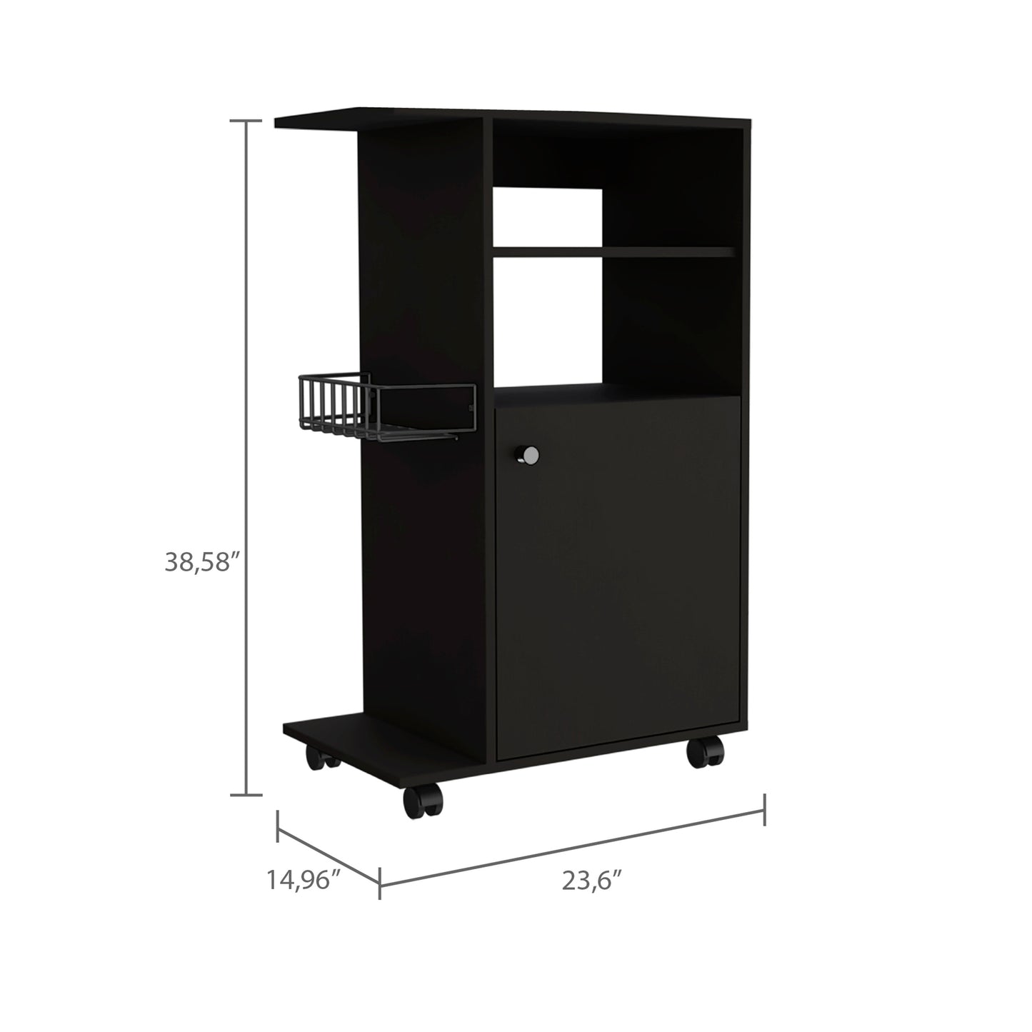 Black rolling bar cart with metal basket attachment and cabinet door