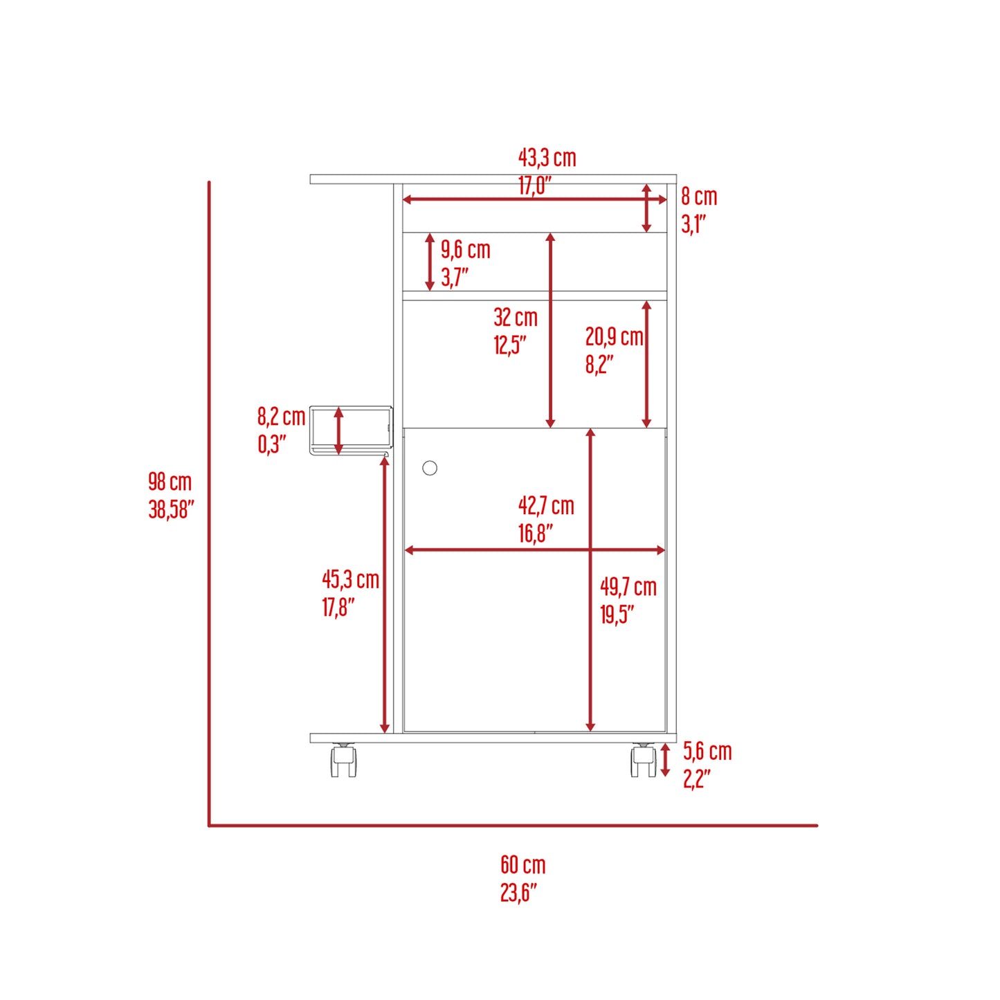 Detailed schematic of a rolling cart with dimensions