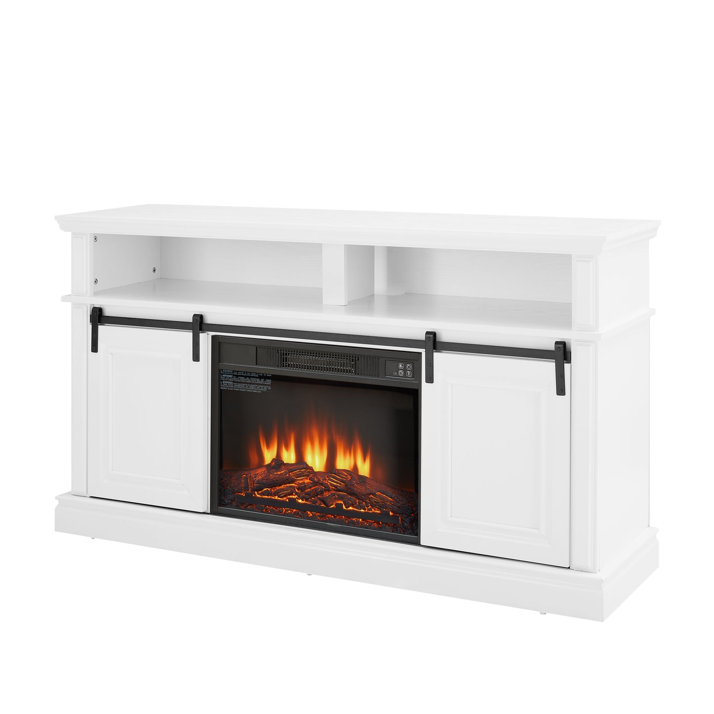 White farmhouse media console with electric fireplace and barn door accents
