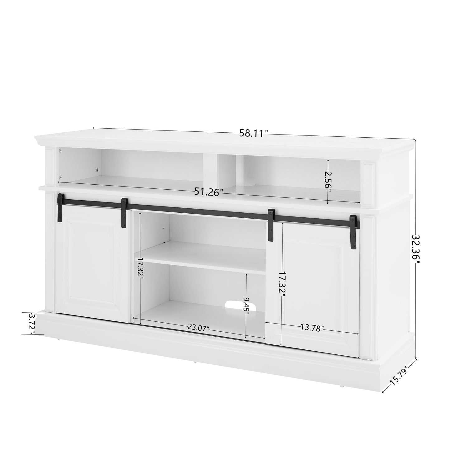 White barn door TV stand with black hardware dimensions displayed for living room