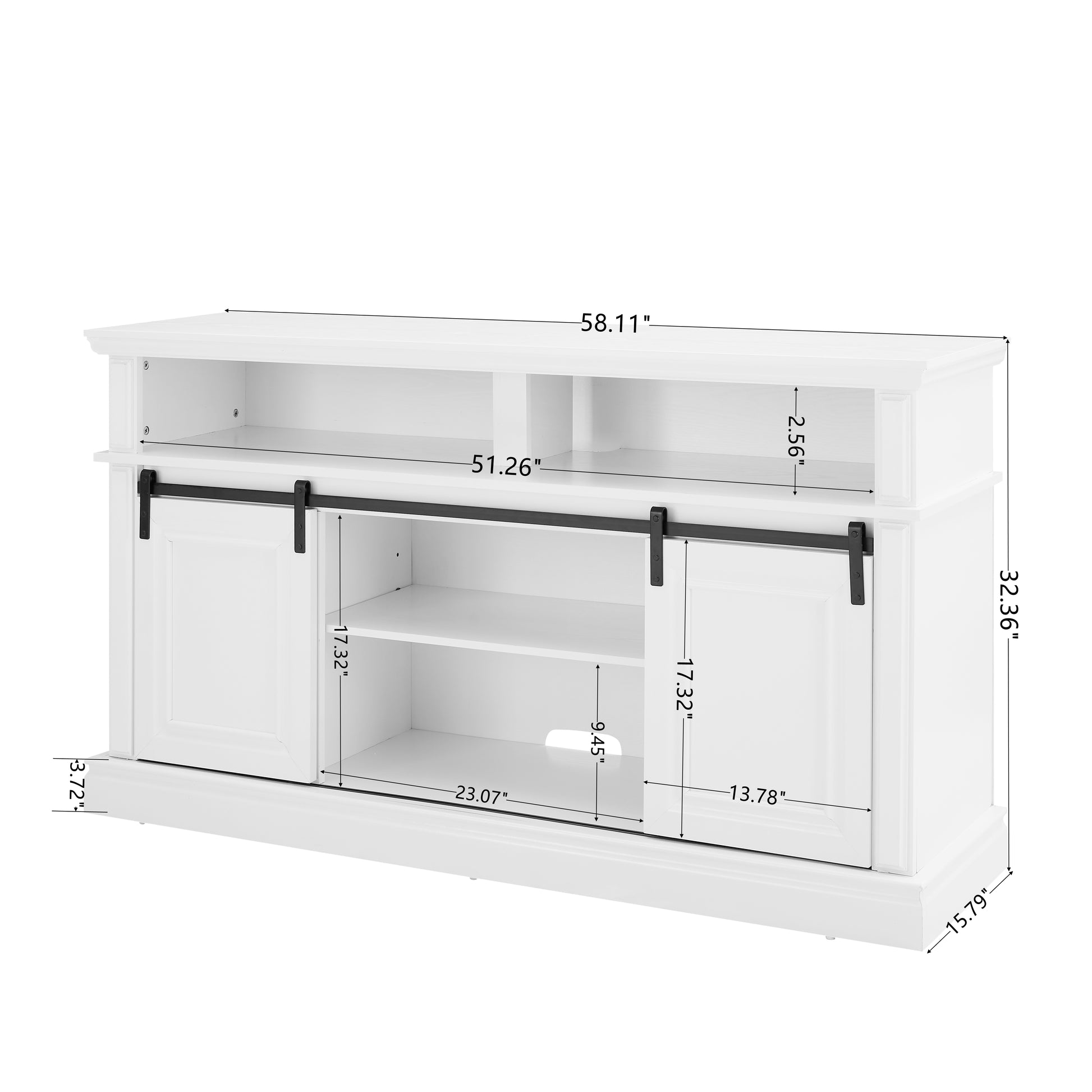 White barn door TV stand with black hardware dimensions displayed for living room