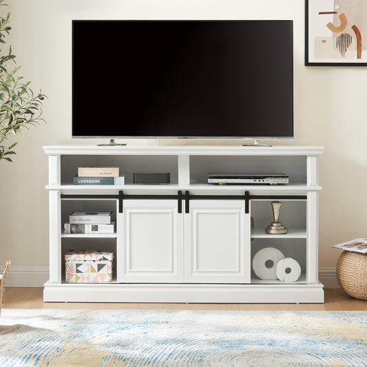 White farmhouse TV stand with sliding barn doors and open shelving