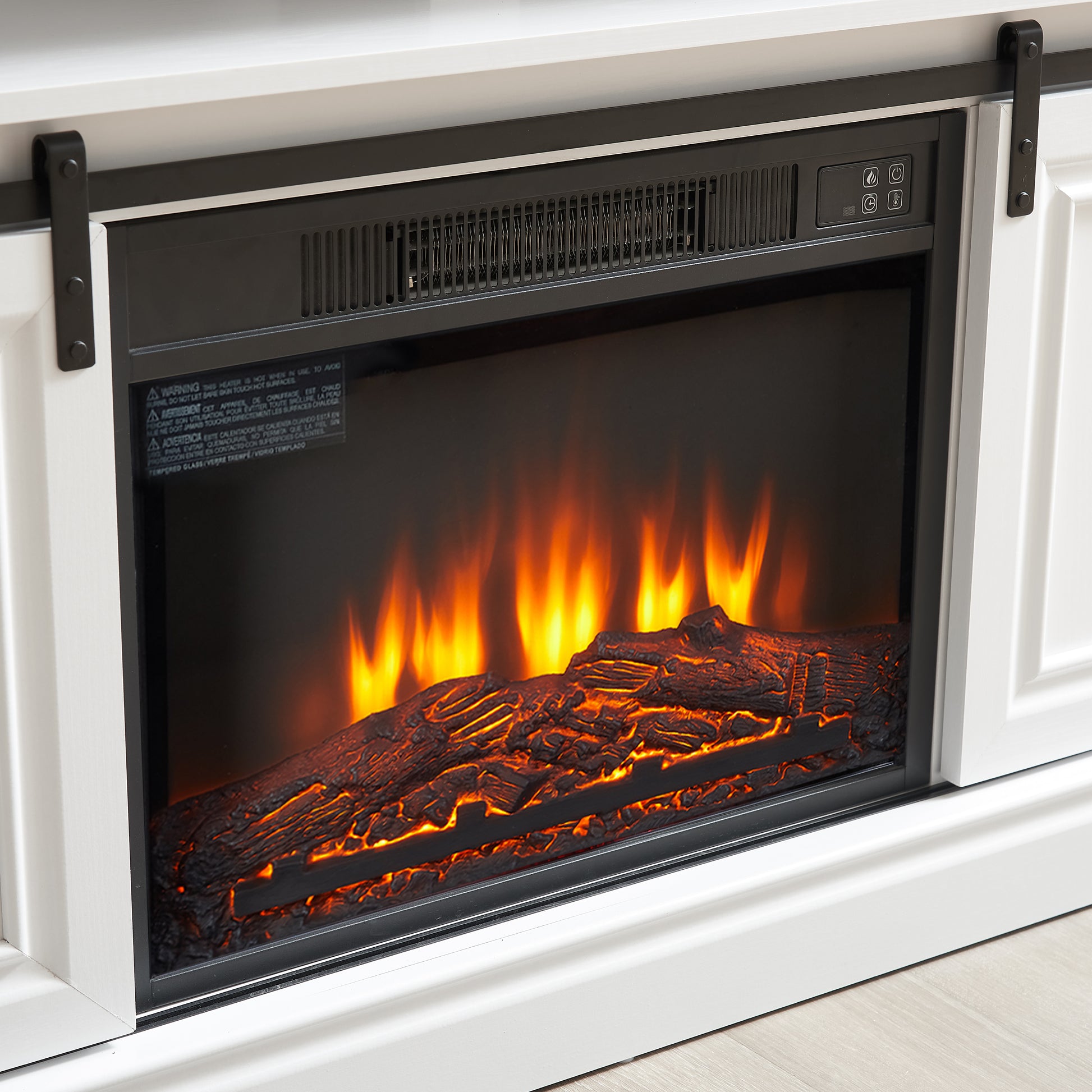 Realistic electric fireplace with glowing logs and orange flames