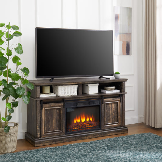 Dark wood fireplace TV stand with sliding barn doors and electric fireplace insert