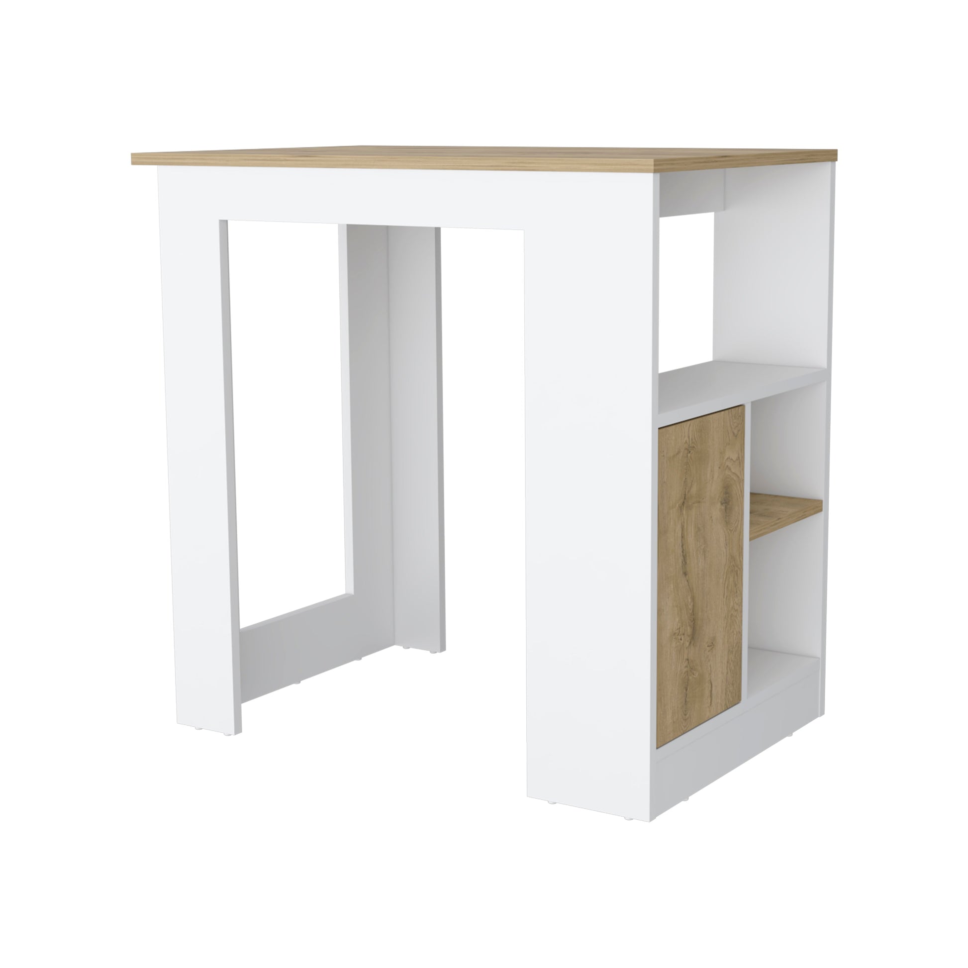 Modern white bar table with oak wood accents and integrated shelving