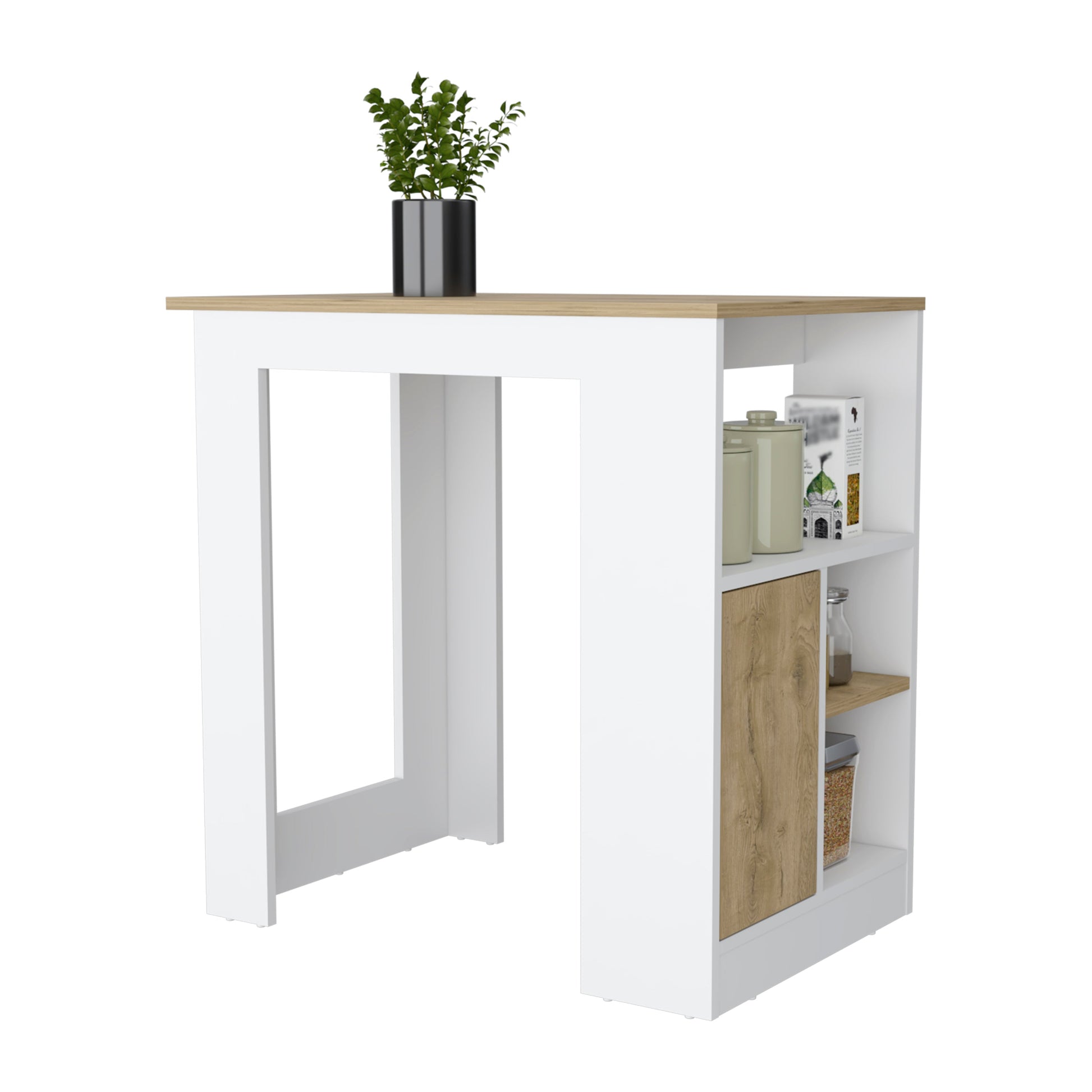 Modern white breakfast bar with oak effect top and shelving