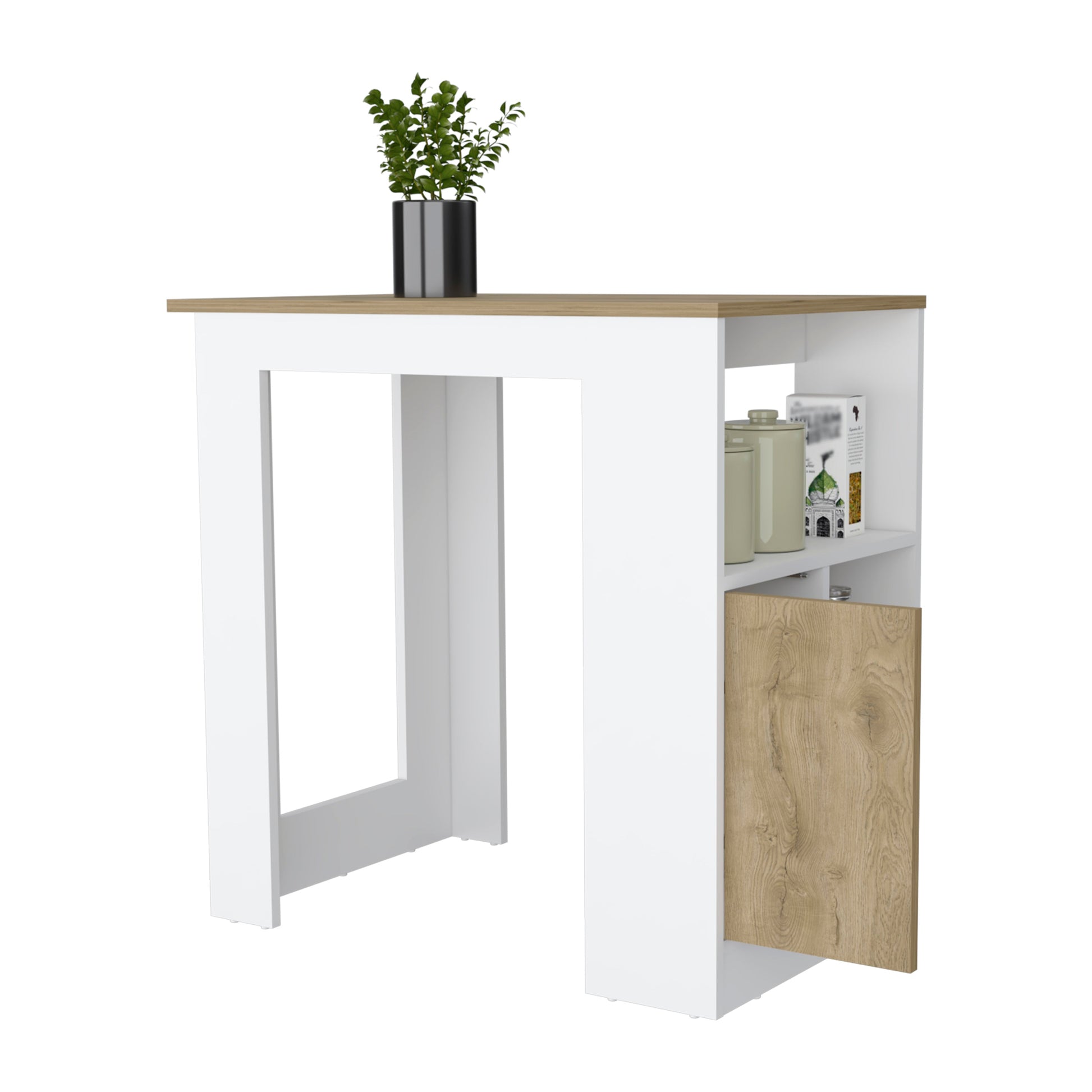 White and oak high table with storage shelves