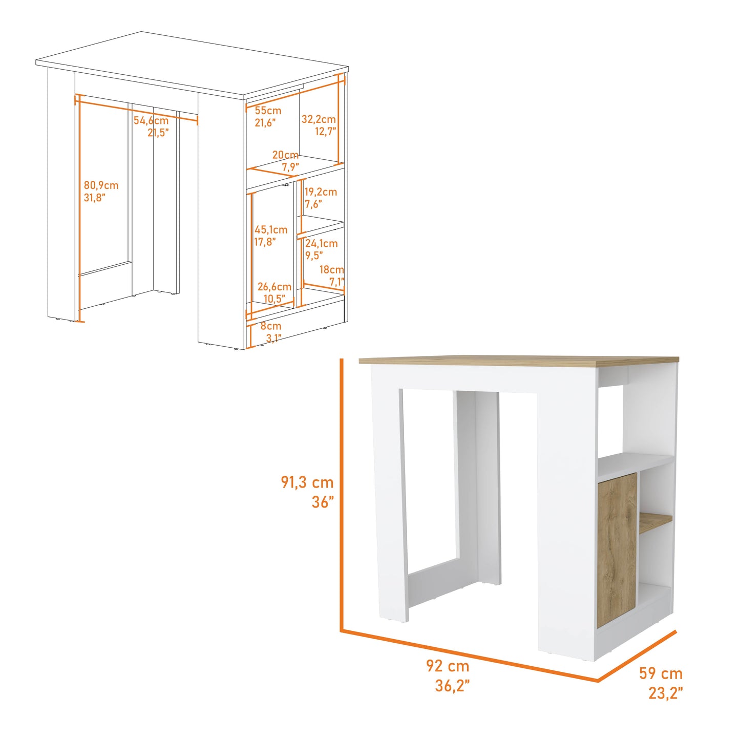 White bar table with natural wood accent drawer and open shelving
