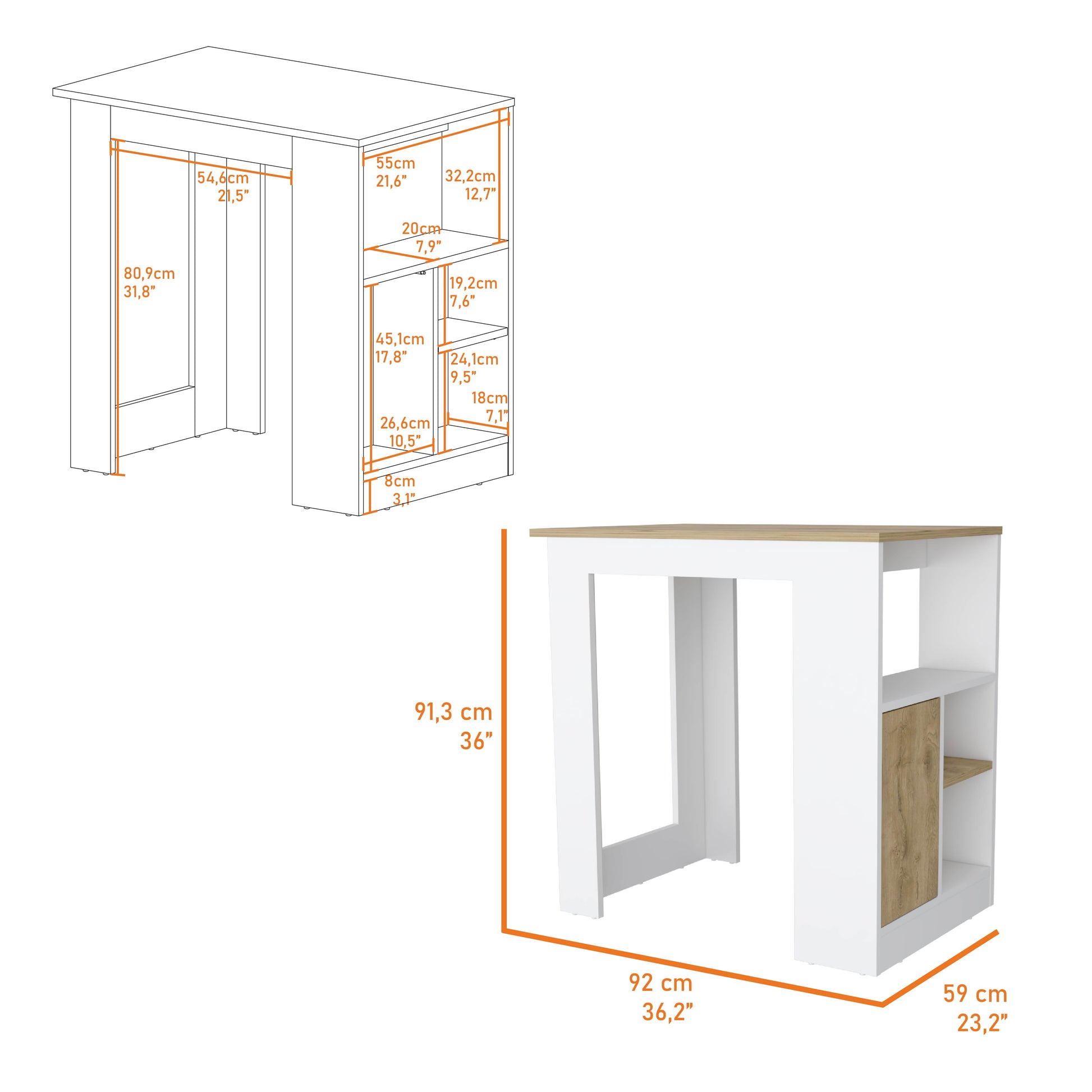 White bar table with natural wood accent drawer and open shelving